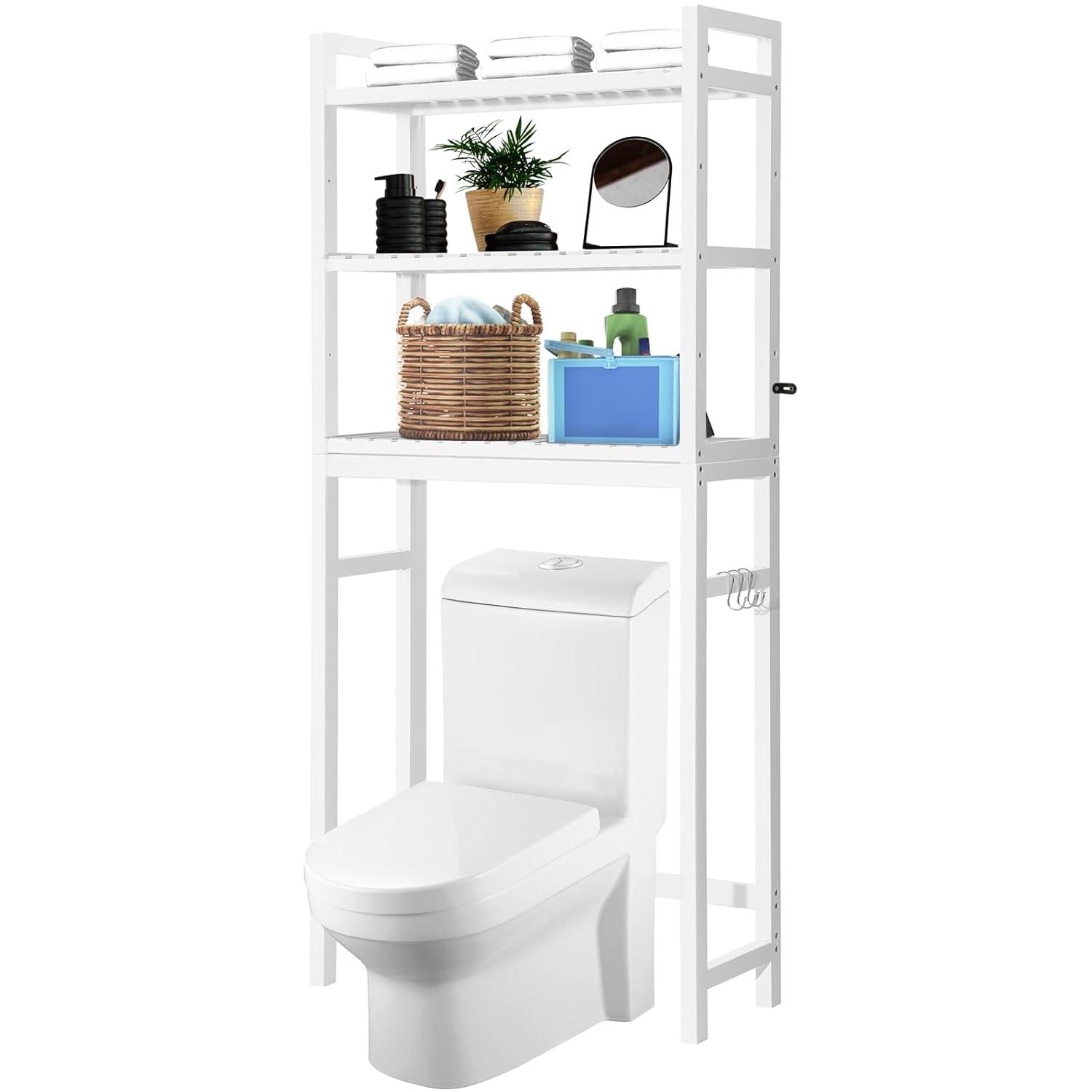 Over The Toilet Storage, 4-Tier Bathroom Organizer Over Toilet with Sturdy Bamboo Shelves, Multifunctional Toilet Shelf, Easy to Assemble and Saver Space, Gray