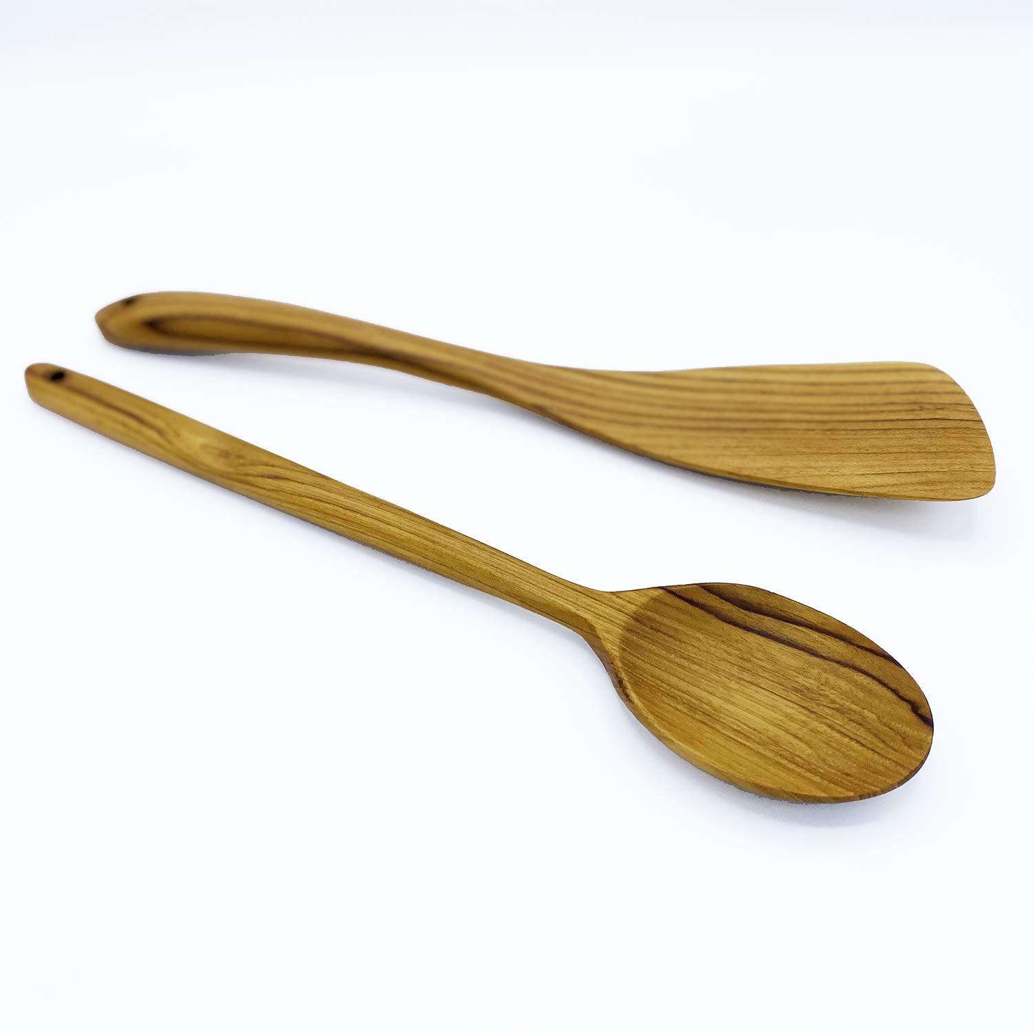 FAAY 12.5 Inch Wood Utensil Set (2 PCS), Teak Wooden Right Hand Spatula & Flat Spoon, 100% Natural from High Moist Resistance Teak Wood, Healthy Wooden Spoon Spatula for Non Stick Cookware