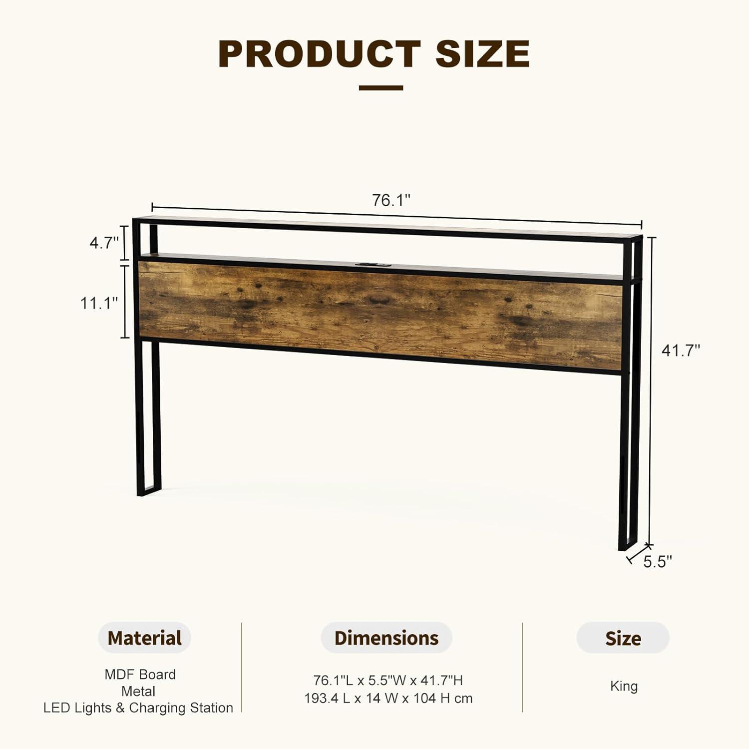 Kaiwei Storage Headboard With Led Lights & Charging Station - Industrial Metal And Wood