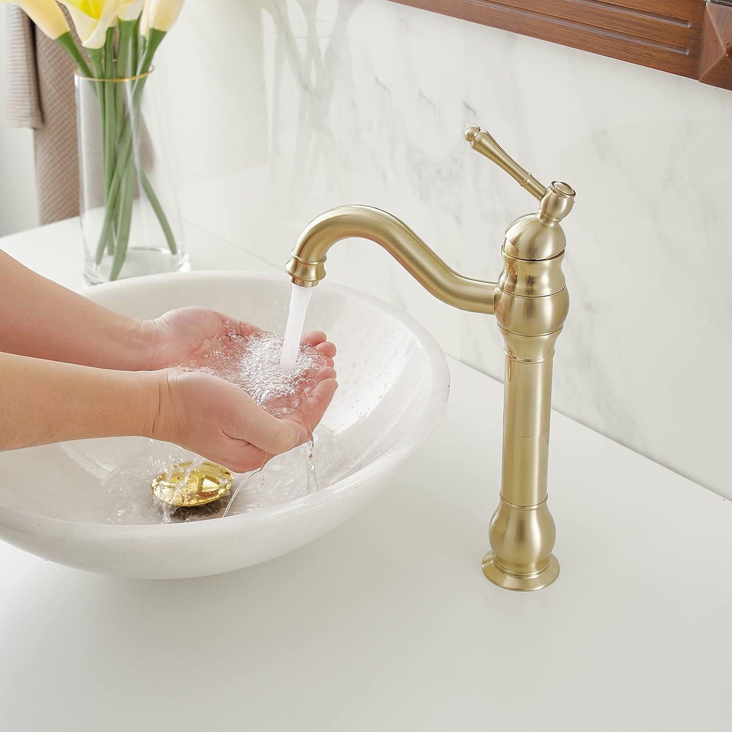 Bathroom Faucet GGStudy 360° Swivel Single-Handle One Hole Bathroom Vessel Sink Faucet Matching Pop Up Drain Brushed Gold Farmhouse Bathroom Vanity Faucet