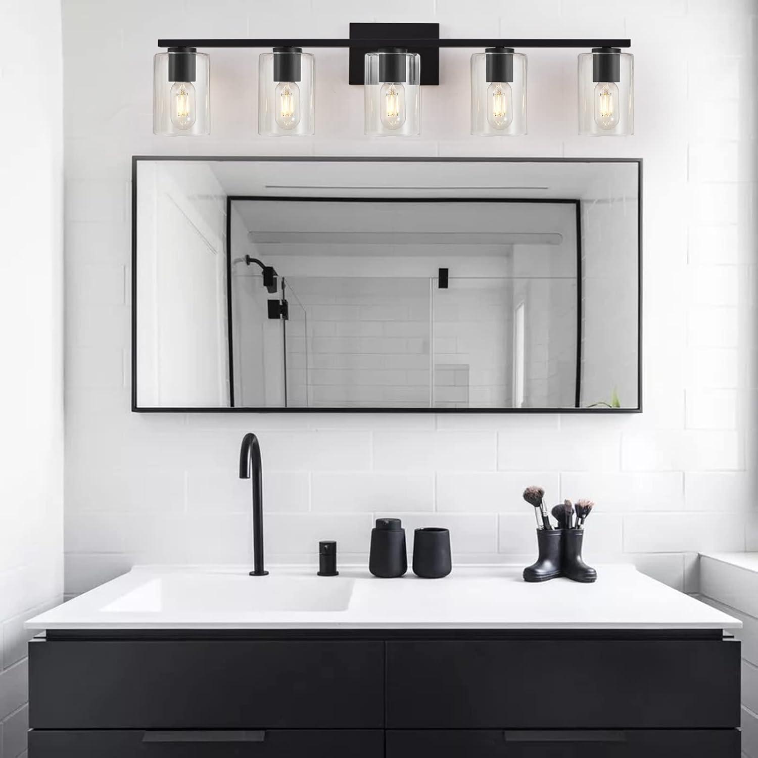 Matte Black 5-Light Bathroom Vanity Fixture with Glass Shades