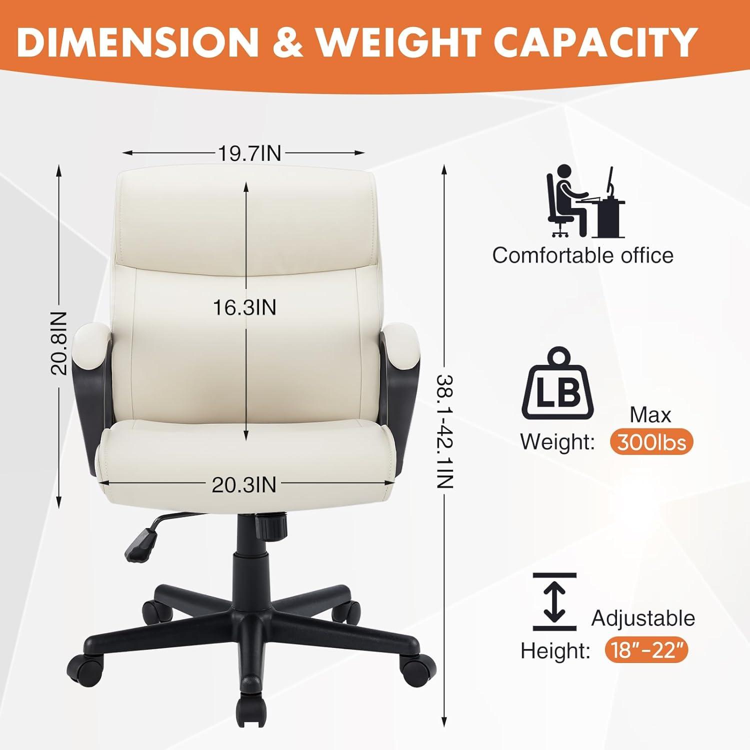 Executive Office Chair with Padded Armrests Adjustable Height, 360-Degree Swivel, Lumbar Support, PU Leather, Cream