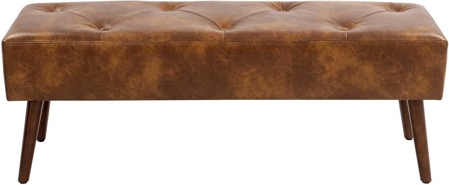 44-Inch Brown Tufted Leather Bench with Tapered Wood Legs