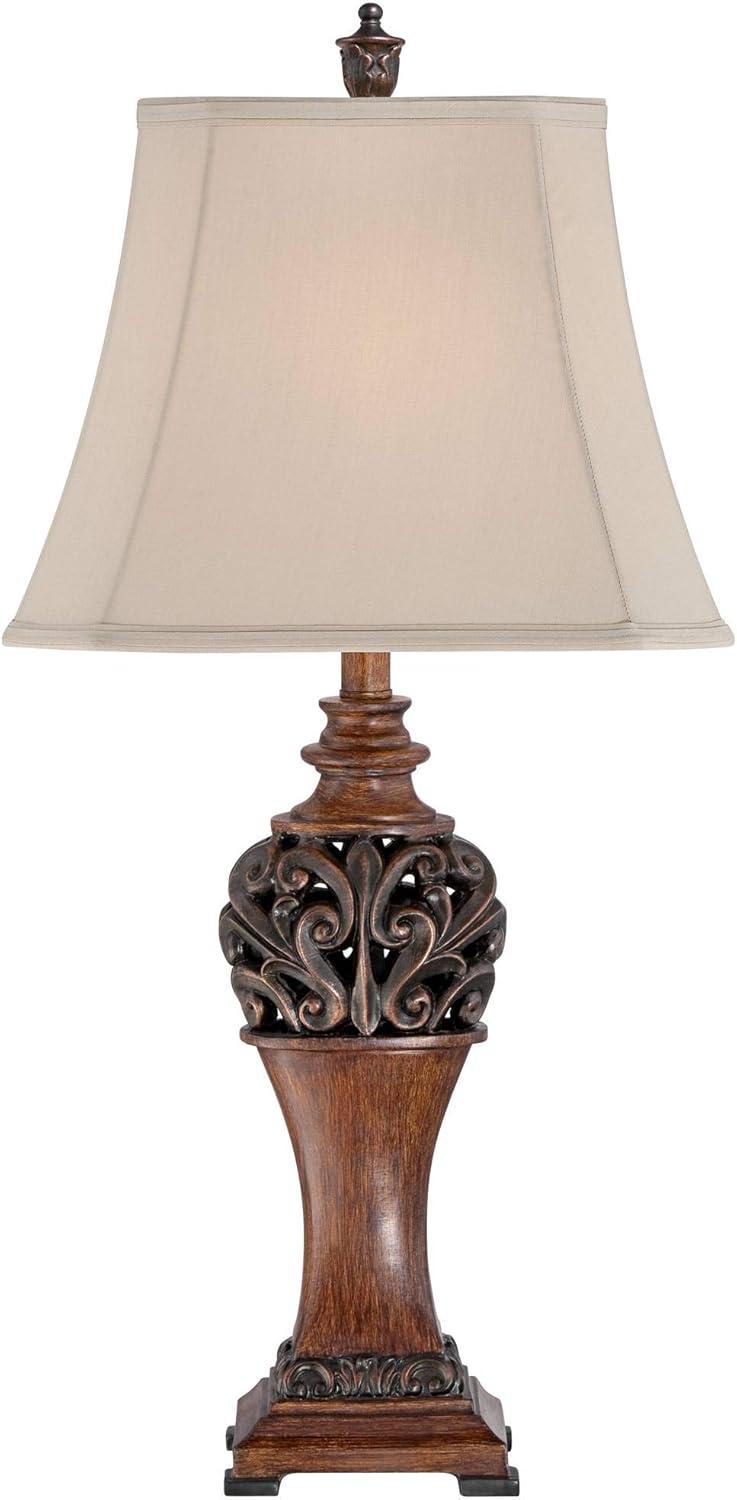 Exeter Bronze Wood-Tone Traditional Table Lamp Set with Creme Shade