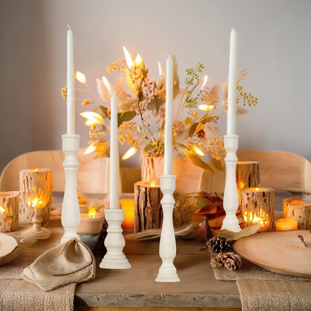 Natural White Wooden Taper Candle Holders Set of 12