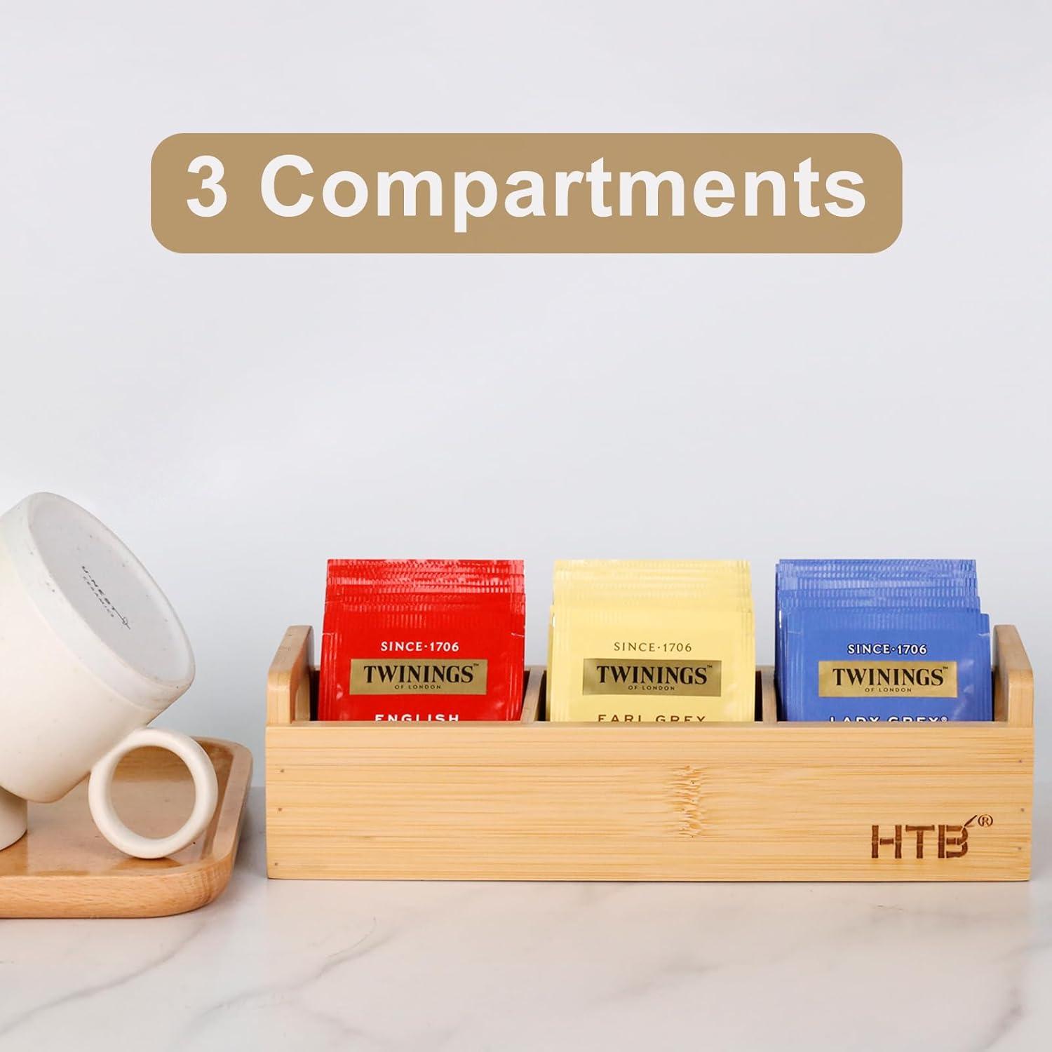 HTB Small Tea Bag Holder Pack of 2, Bamboo Tea Organizer 3 Compartments for Beverage Suppliers, Sweeteners, Individual Packets, Portable Tea Bag Organizer for Home Kitchen Counter or Office