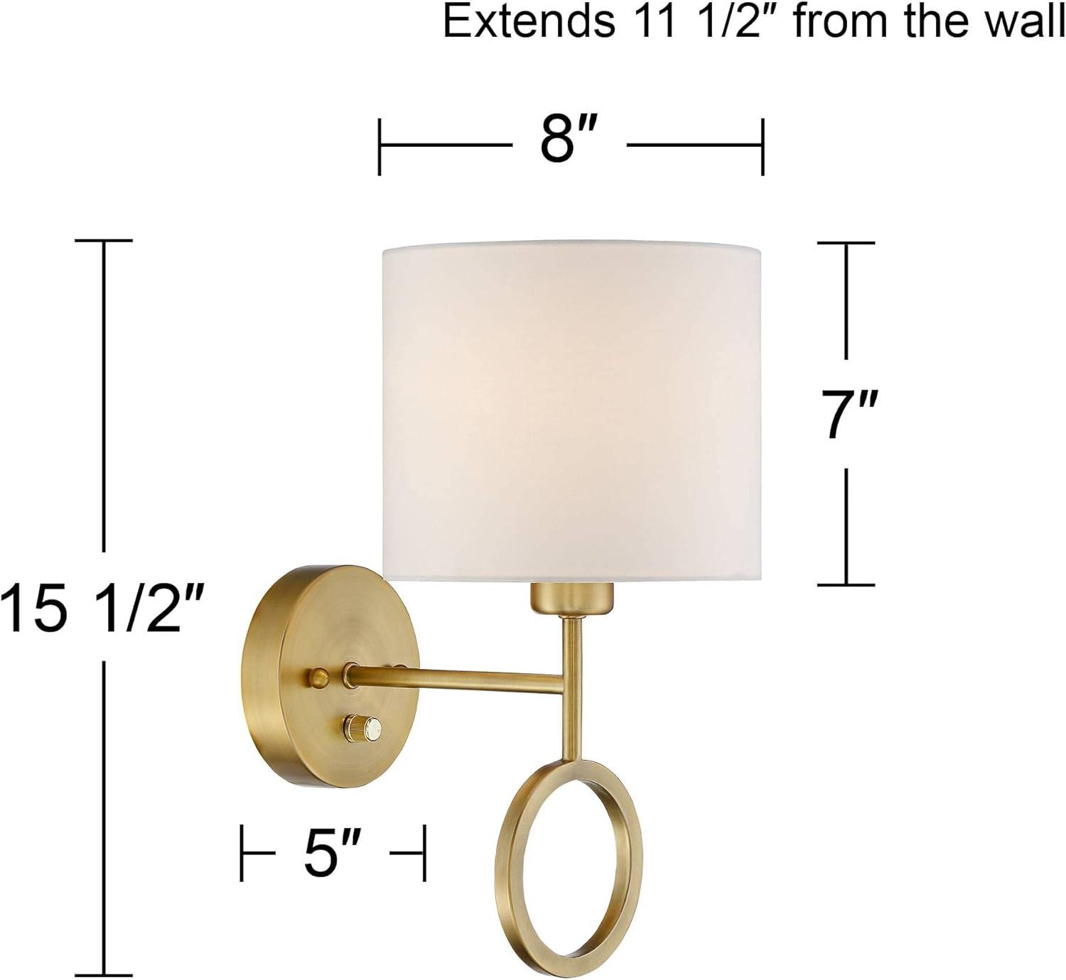 360 Lighting Amidon Modern Wall Lamp Warm Brass Metal Plug-in 8" Light Fixture White Fabric Drum Shade for Bedroom Reading Living Room House Home