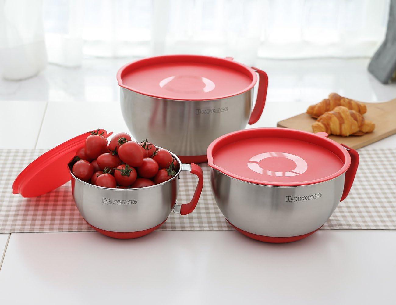 Stainless Steel Mixing Bowl Set with Red Silicone Lids