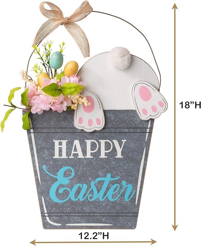 Glitzhome 18 Inch Wooden Easter Bunny Hanging Decoration,"Happy Easter" Rabbit Welcome Sign wood Bunny Eggs Easter Decorations for Door Home Garden Spring Party
