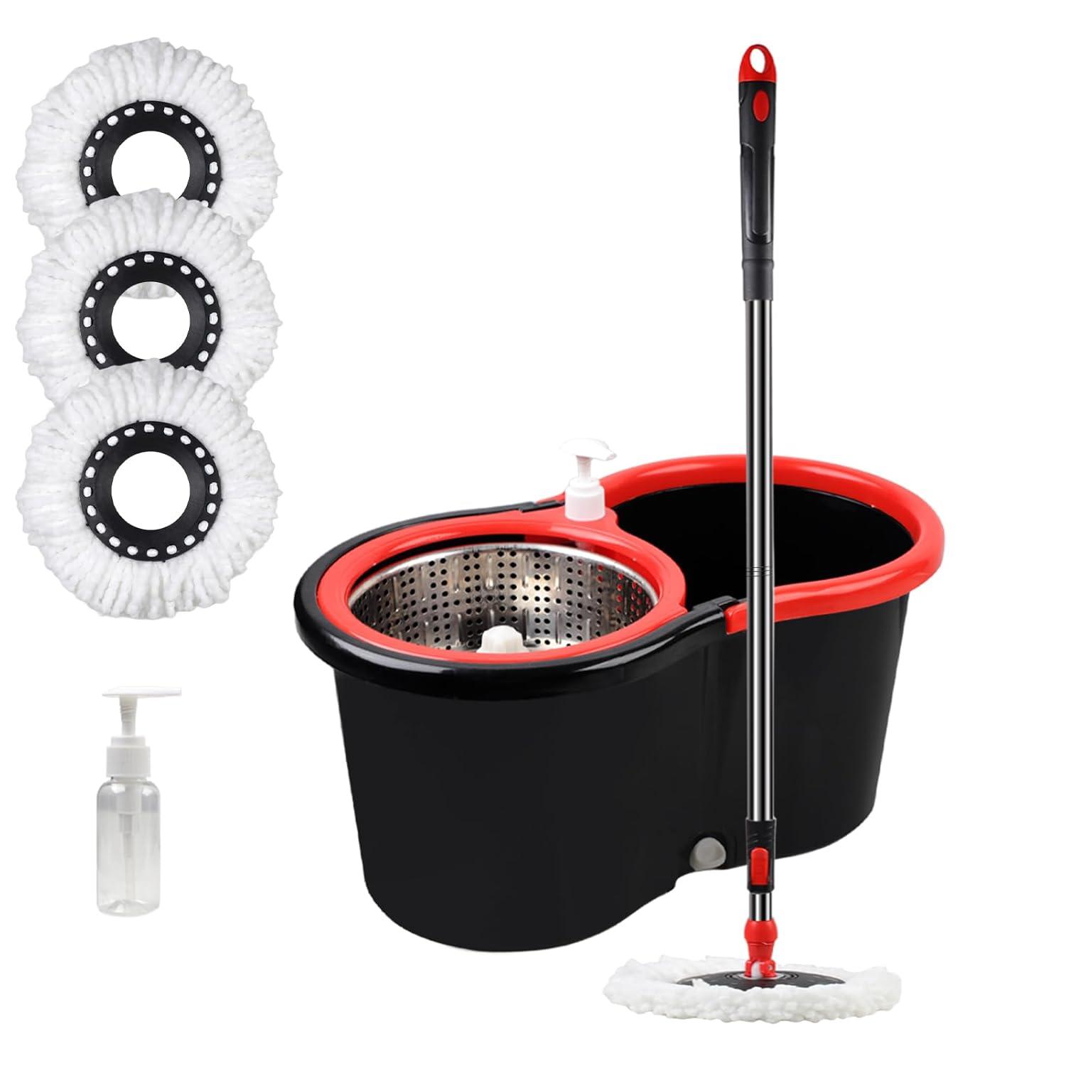 Spin Mop and Bucket Set, 360° Spin Mop and Bucket with Wringer Set and 3 Microfiber Mop Replacement Heads Refills, 61" Stainless Steel Extended Handle Spinning Mop Bucket System for Floor Cleaning