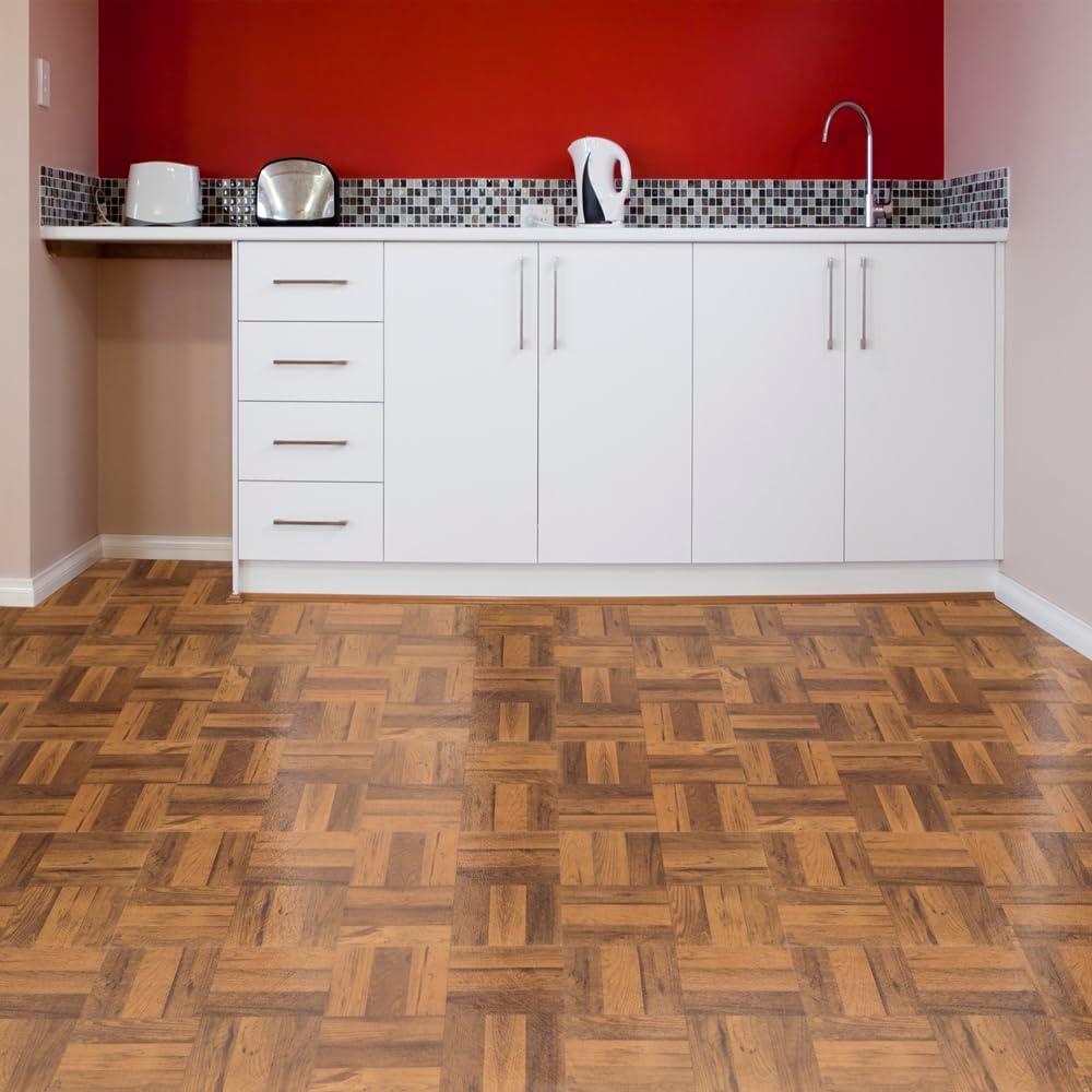 Medium Oak Parquet Self-Adhesive Vinyl Floor Tiles, 12" x 12"