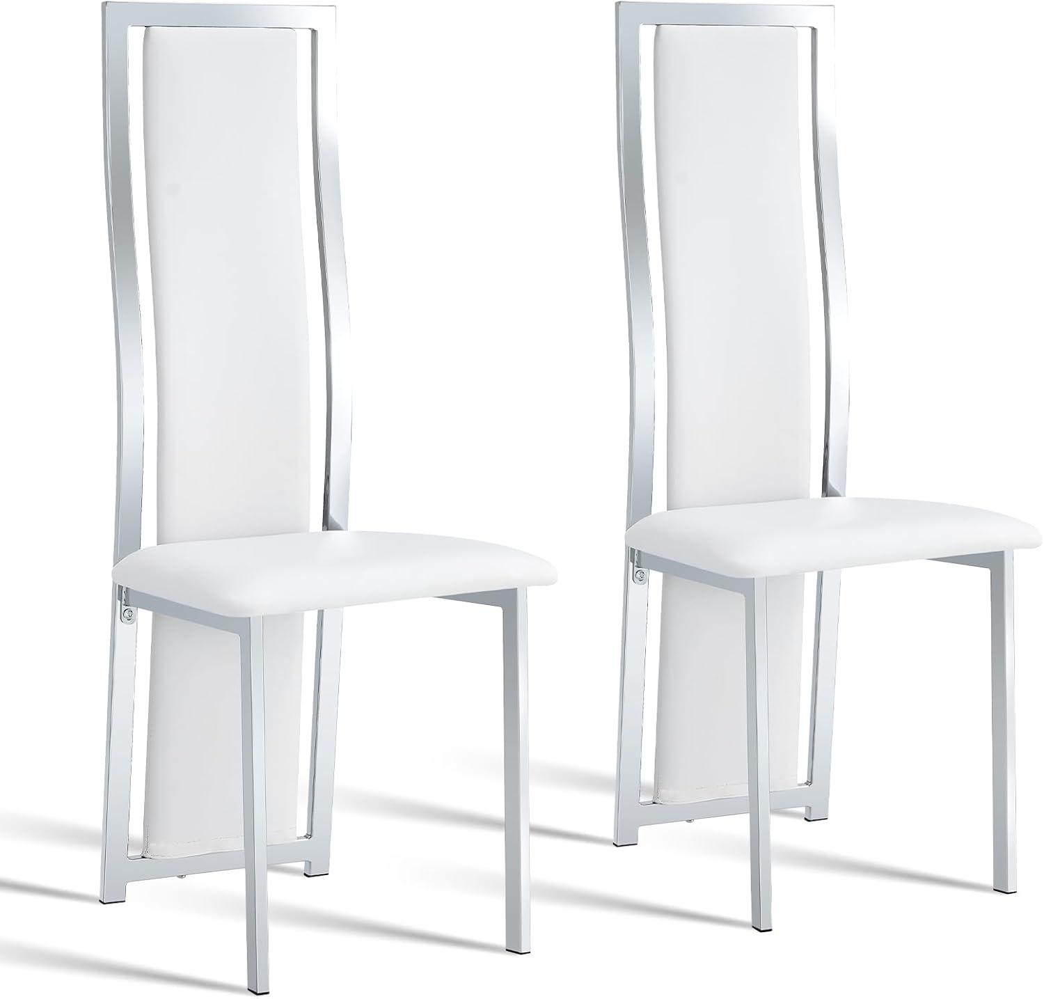 MIFIWhite Velvet Dining Chairs Set of 2, High-back , Kitchen & Dining Room Chairs , Sillas De Comedor ,Fabric Upholstered, Silver Chrome Metal Legs (White, 2 Pcs)