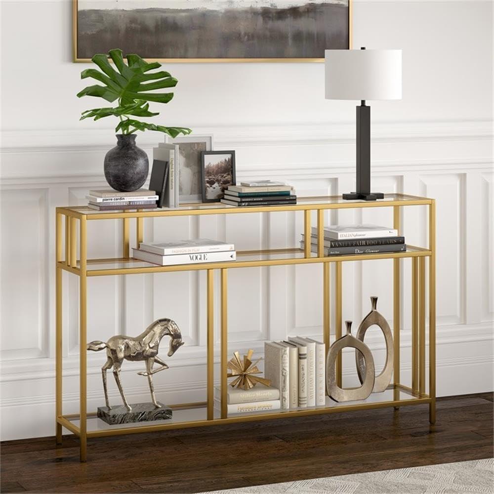 Evelyn&Zoe Cortland 48" Wide Rectangular Console Table with Glass Shelves, Brass