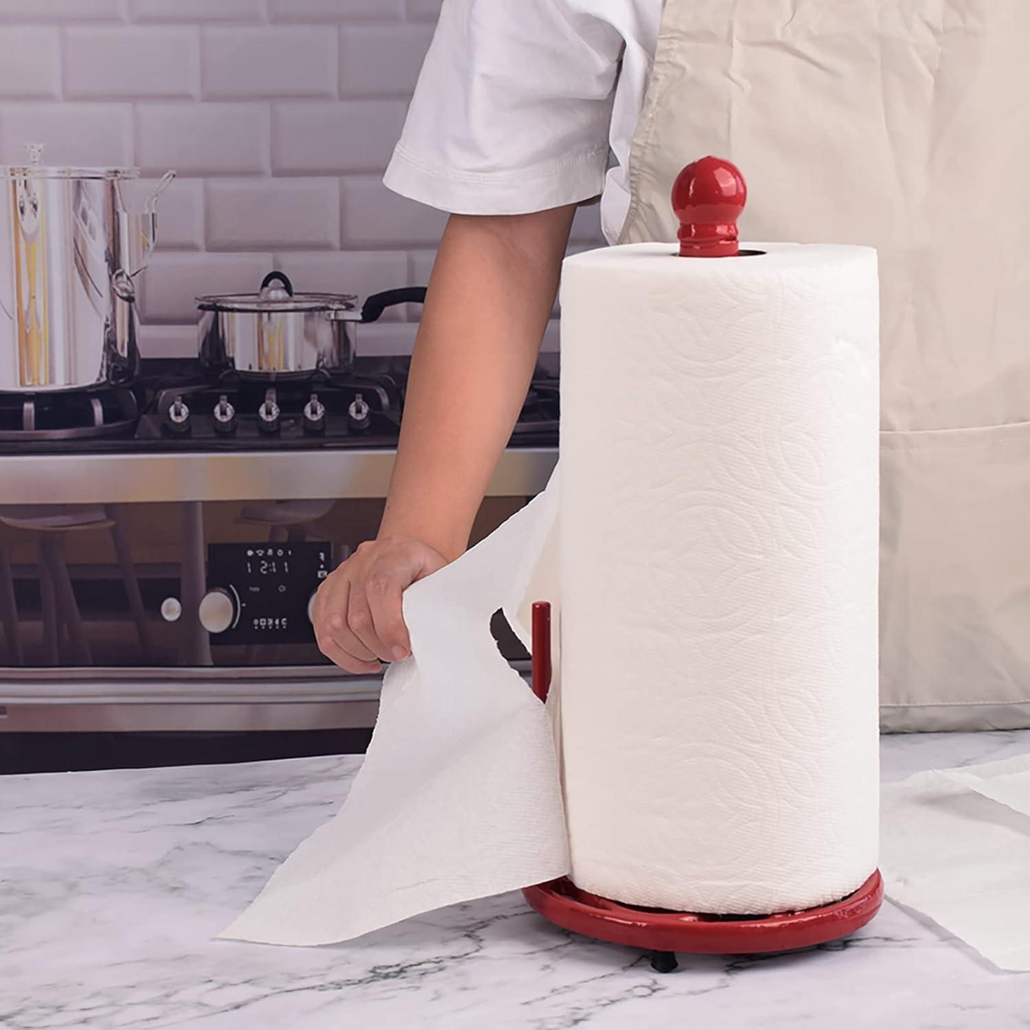 Vintage Paper Towel Holder Countertop - Cast Iron Standing Roll Paper Towel Dispenser with Elegant and Heavy Daffodil Pattern Base for Kitchen Décor, Red