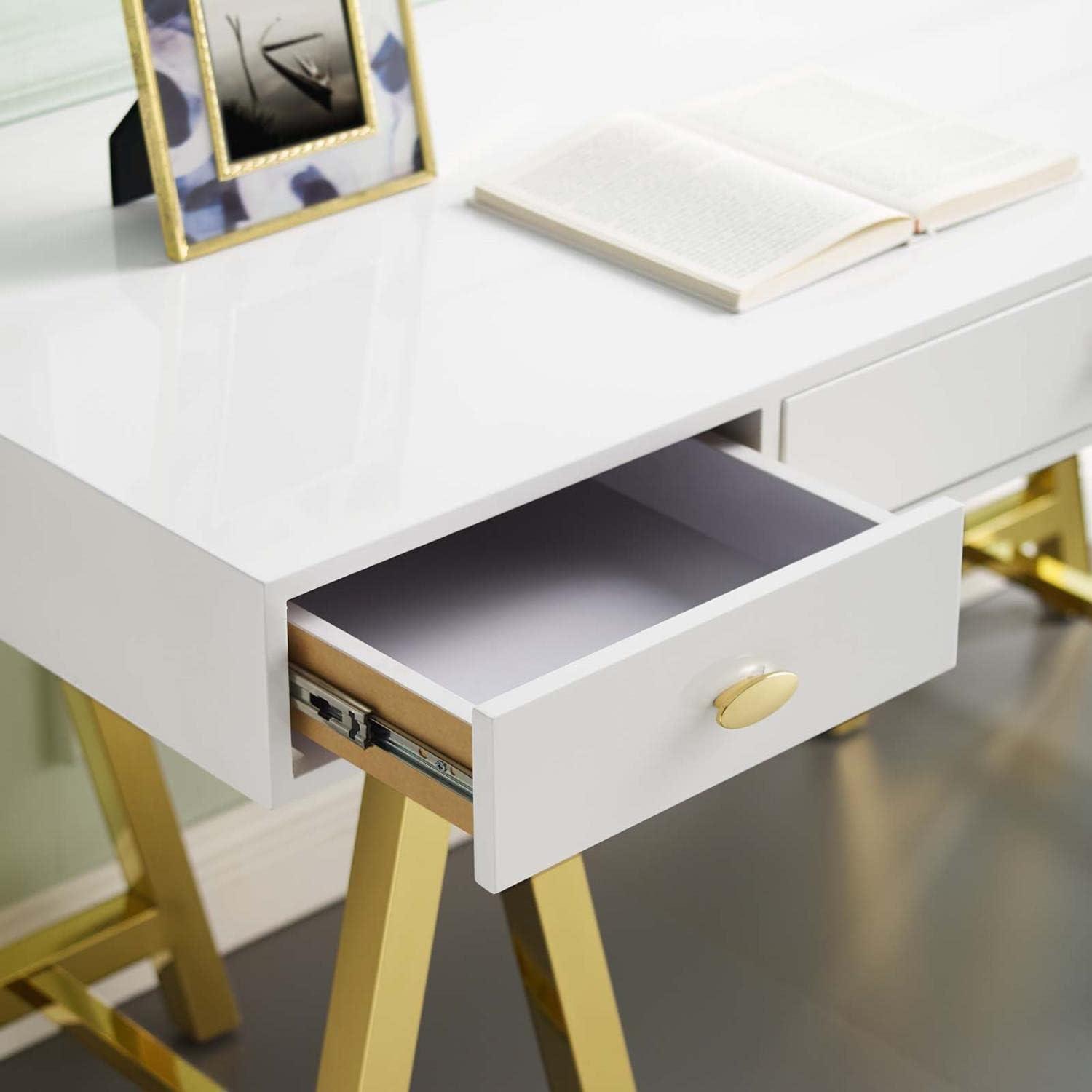 Sleek Gold & White Retro Modern Office Desk with Drawers