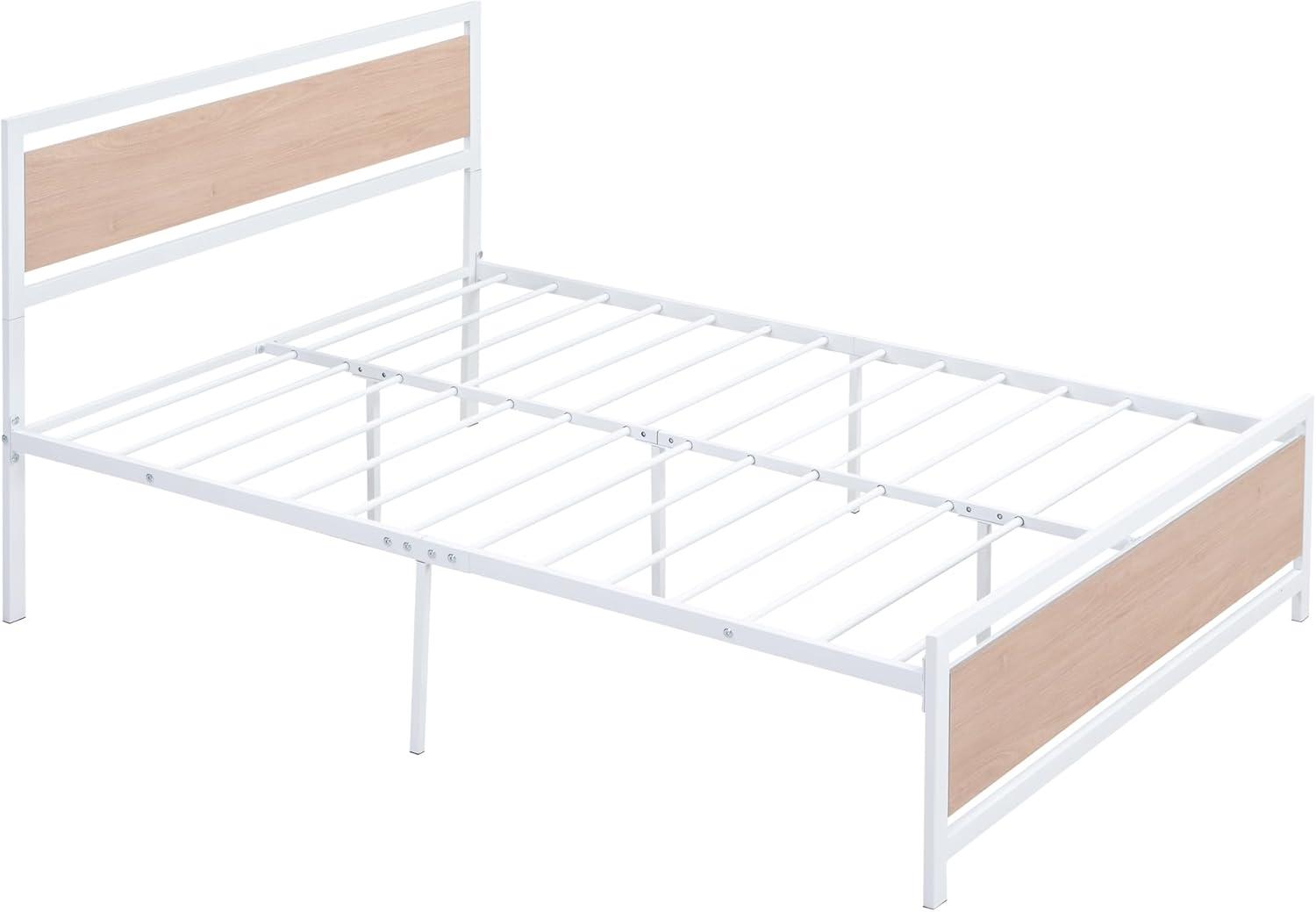 Full Size White Metal and Oak Platform Bed with Headboard