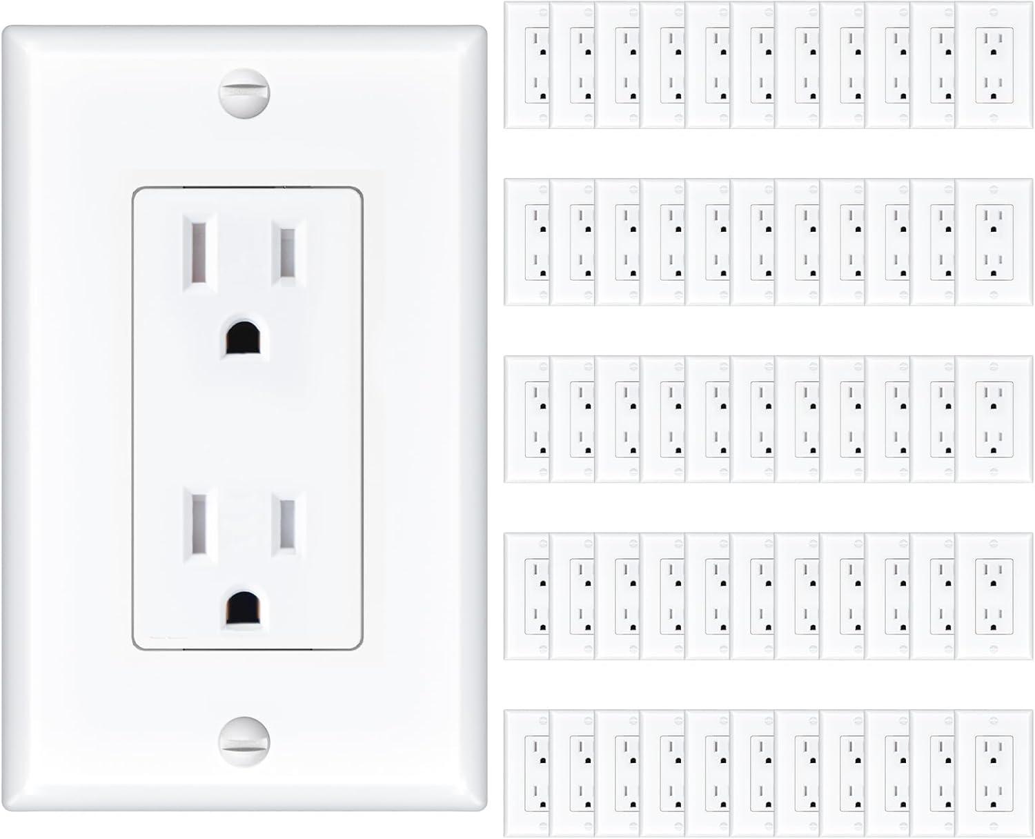 Amico 50 Pack Wall Outlet, 15 Amp Outlets, UL Listed, Tamper Resistant Standard Electrical Outlet, Decorator Receptacle with Wall Plate, Suitable for Home and Business, 125V/1875W, White