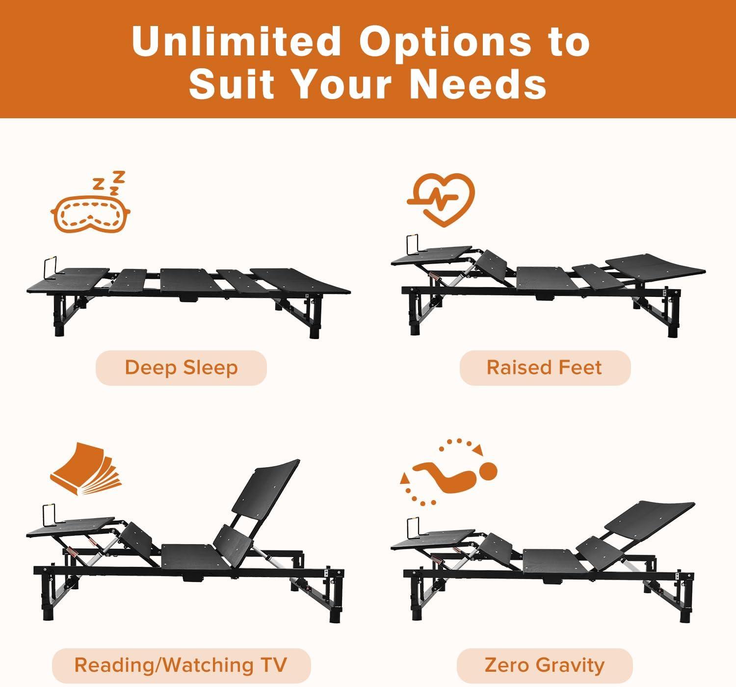 Donext Adjustable Bed Base, King Bed Frame, Independent Head and Foot Incline, Quiet Motor, Wireless Remote Control, Electric Bed Base, Black