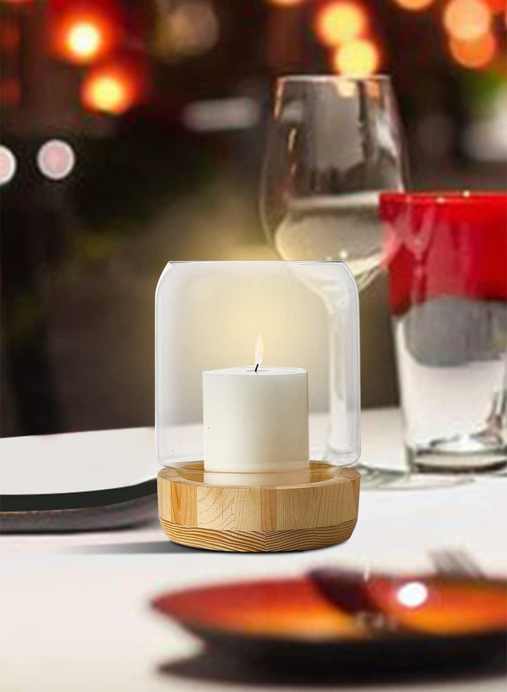 Serene Spaces Living Large Glass Candle Holder Hurricane with Wood Base, Decorative Accent for Wedding, Party, Event, Home Decor, Measures 8" Tall and 6" Diameter