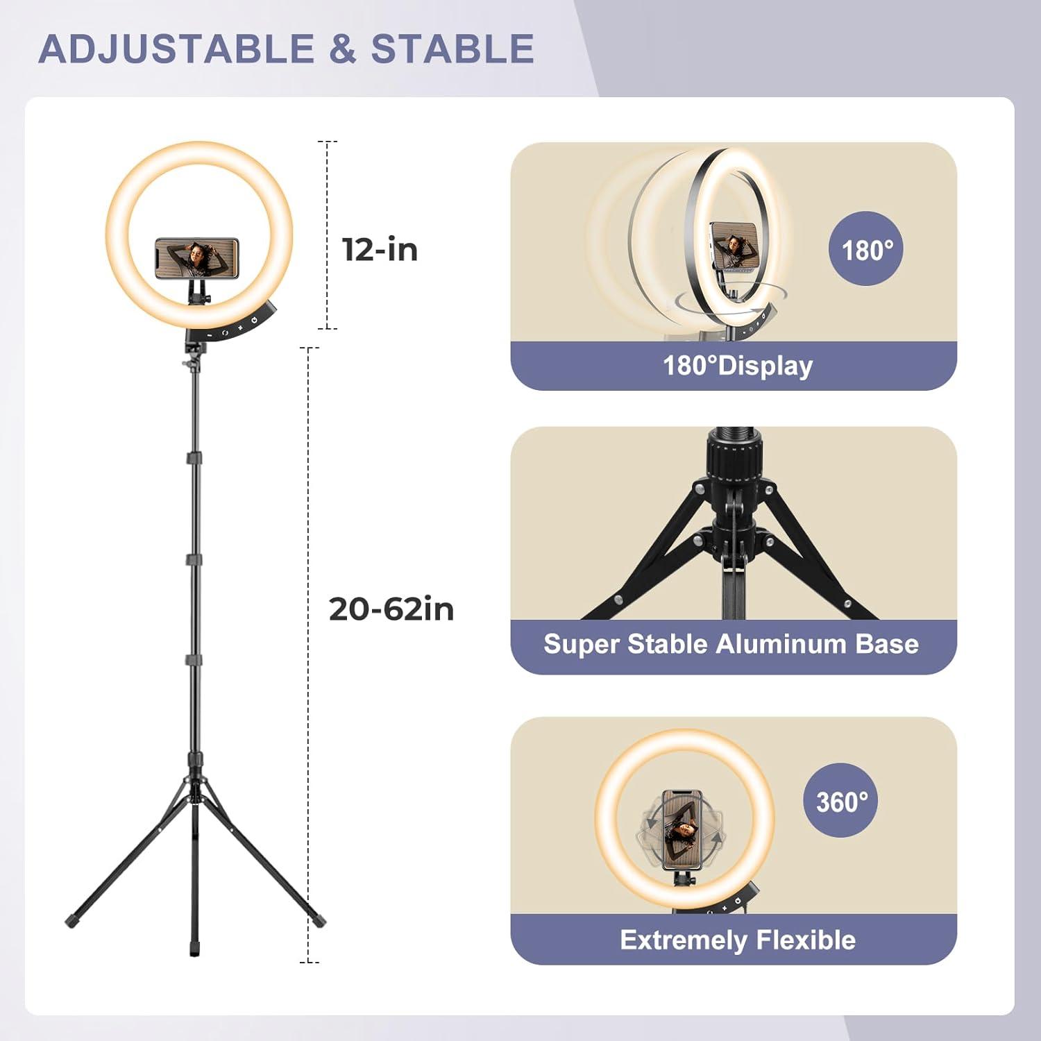 12-Inch LED Ring Light with 62-Inch Adjustable Tripod Stand