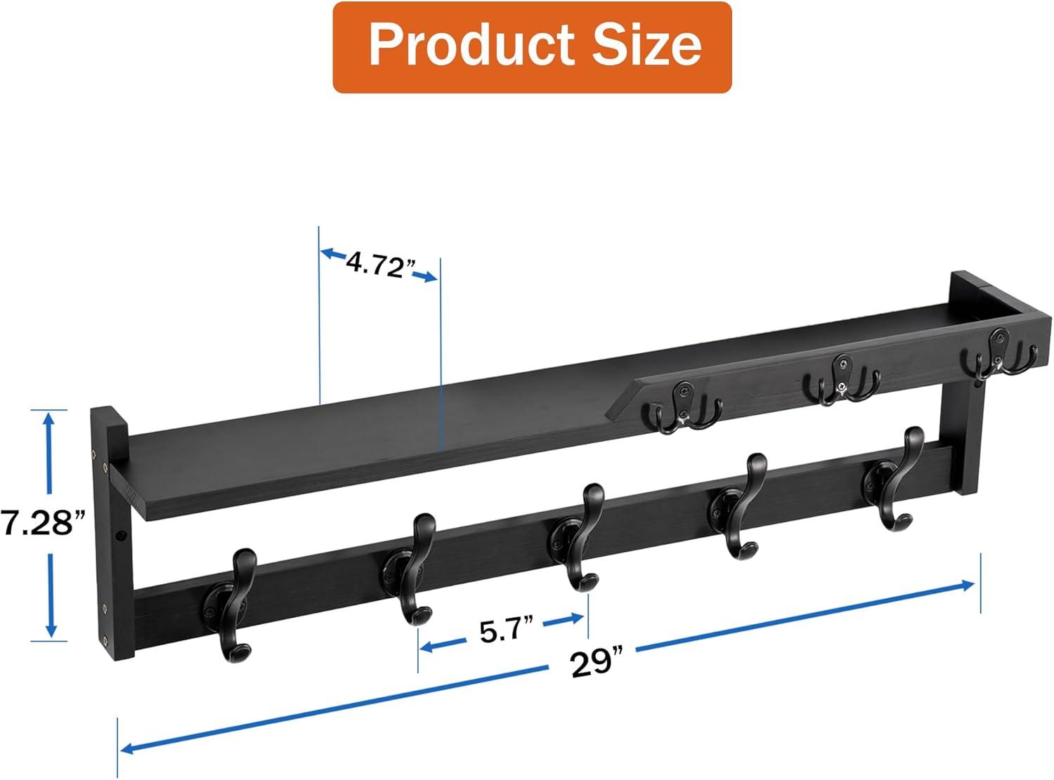 Black Wood Wall Mount Coat Rack with Shelf and 5 Hooks