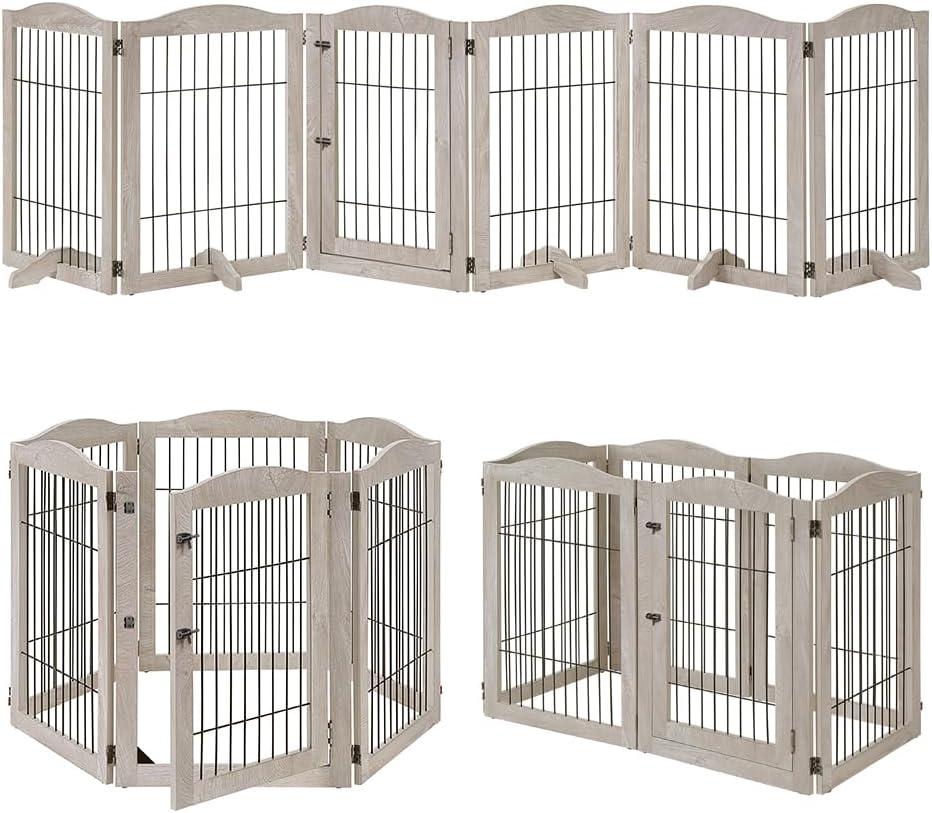 Unipaws Extra Wide Freestanding Dog Gate, 6 Panels Pet Playpen with Wood and Wire, Walk Through Dog Gate with 5 Support Feet