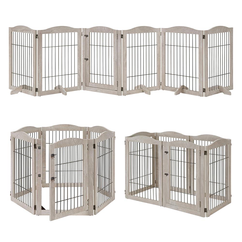 Unipaws Extra Wide Freestanding Dog Gate, 6 Panels Pet Playpen with Wood and Wire, Walk Through Dog Gate with 5 Support Feet