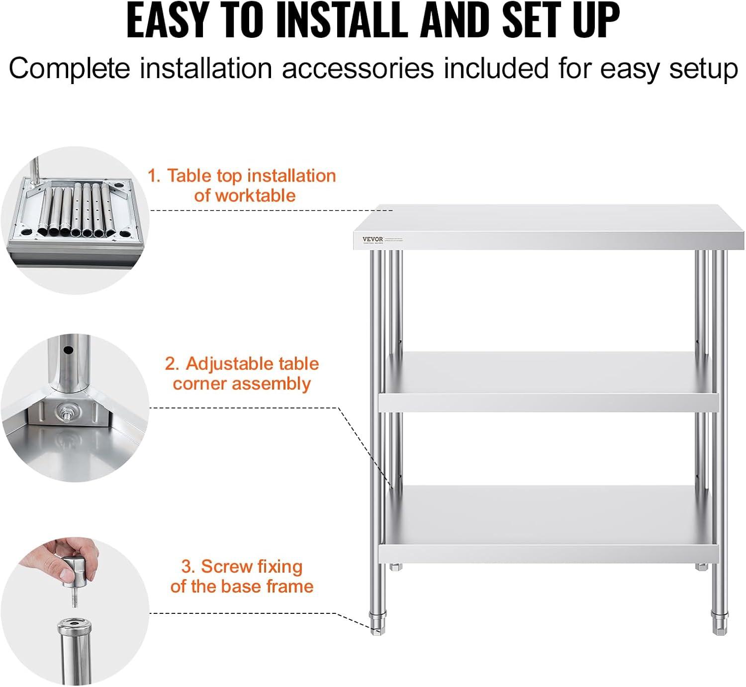VEVOR Stainless Steel Food Prep Table, 18 x 36 x 34 Inch Commercial Kitchen Worktable, with 2 Adjustable Undershelf, Heavy Duty Prep Table