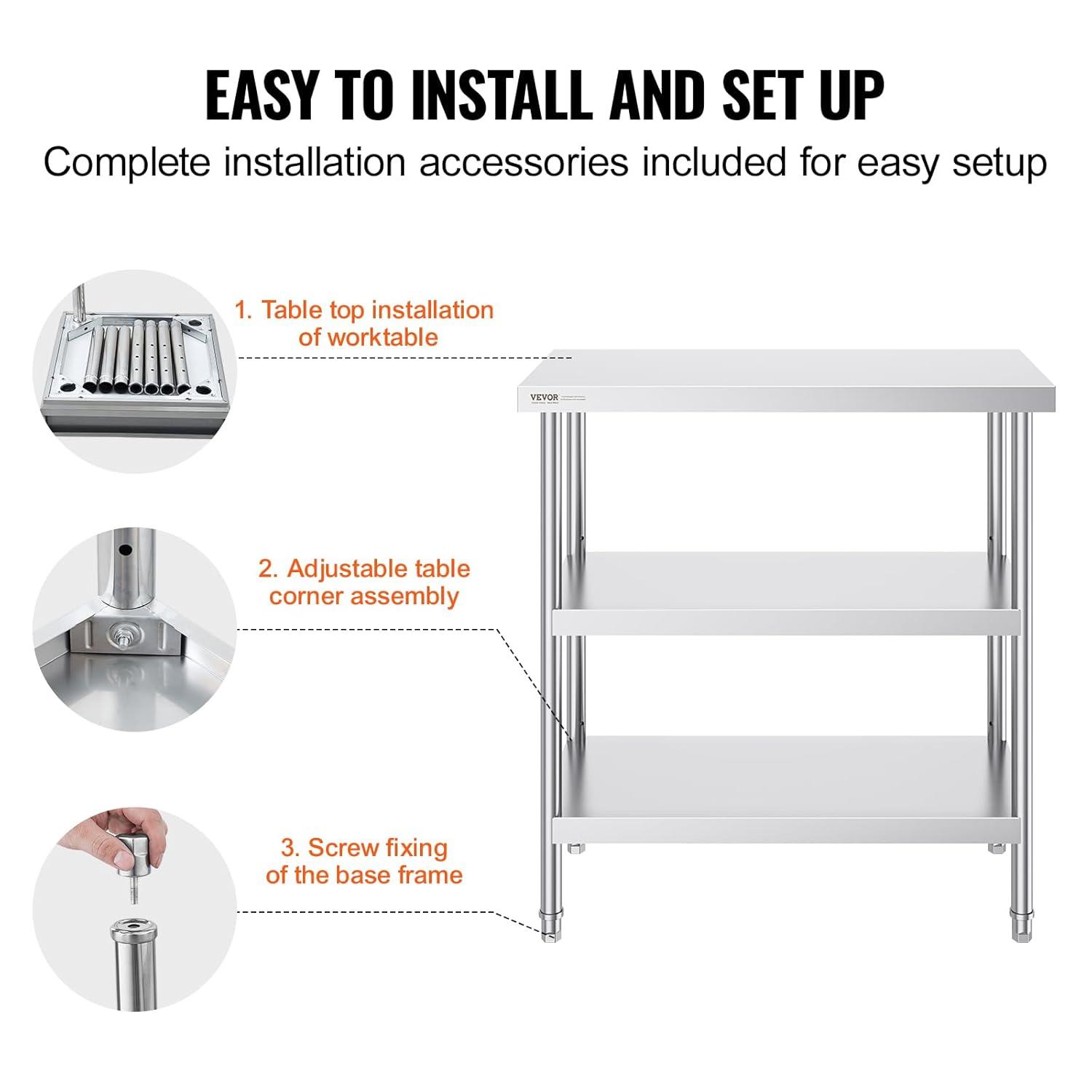 VEVOR Stainless Steel Food Prep Table, 18 x 36 x 34 Inch Commercial Kitchen Worktable, with 2 Adjustable Undershelf, Heavy Duty Prep Table