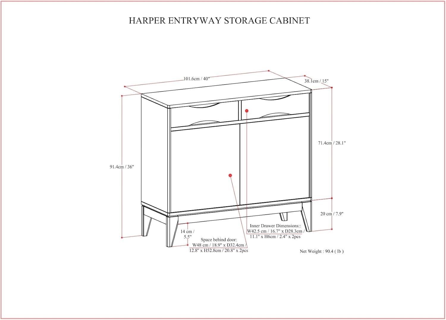 Simpli Home Harper 40"W Solid Wood 2-Shelf Mid-Century Modern Entryway Storage Cabinet with 2 Drawers