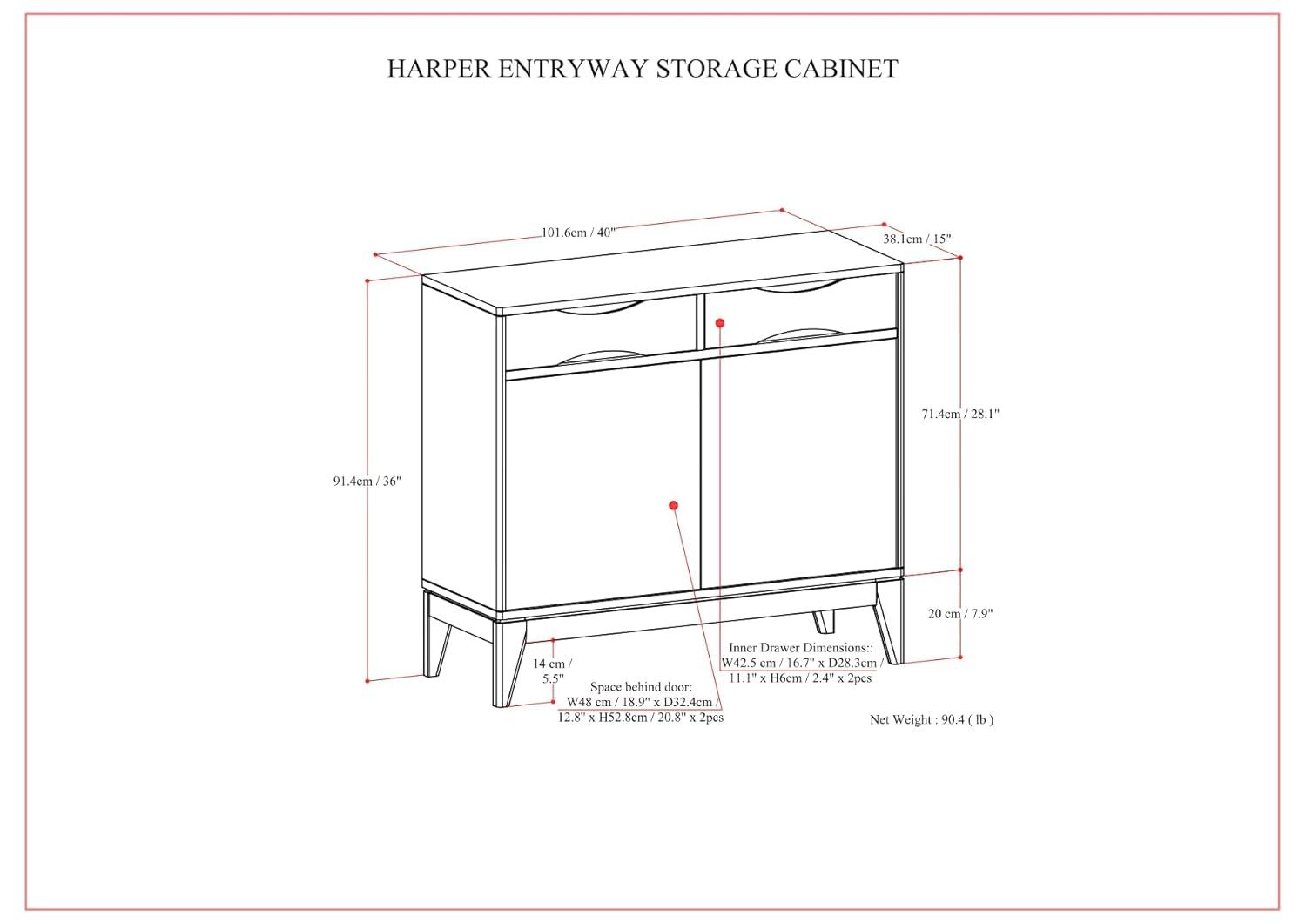 Simpli Home Harper 40"W Solid Wood 2-Shelf Mid-Century Modern Entryway Storage Cabinet with 2 Drawers