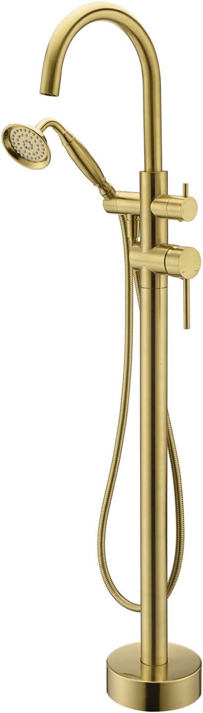 Brushed Gold Freestanding Brass Bathtub Faucet with Hand Shower