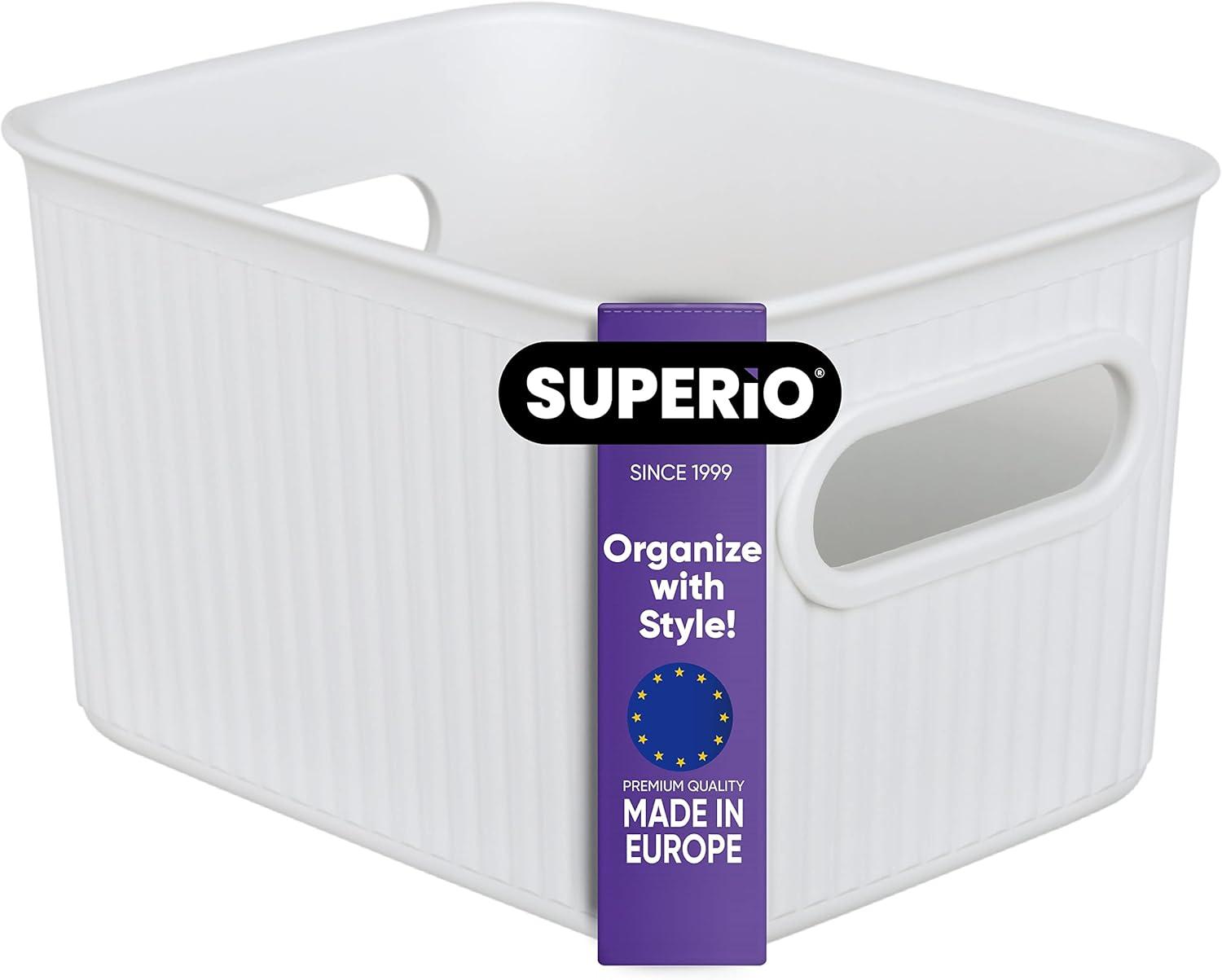 Superio Ribbed Plastic Storage Basket Organizer, white Stackable Closet Storage bin for Shelf, Pantry, Office, and Cosmetics