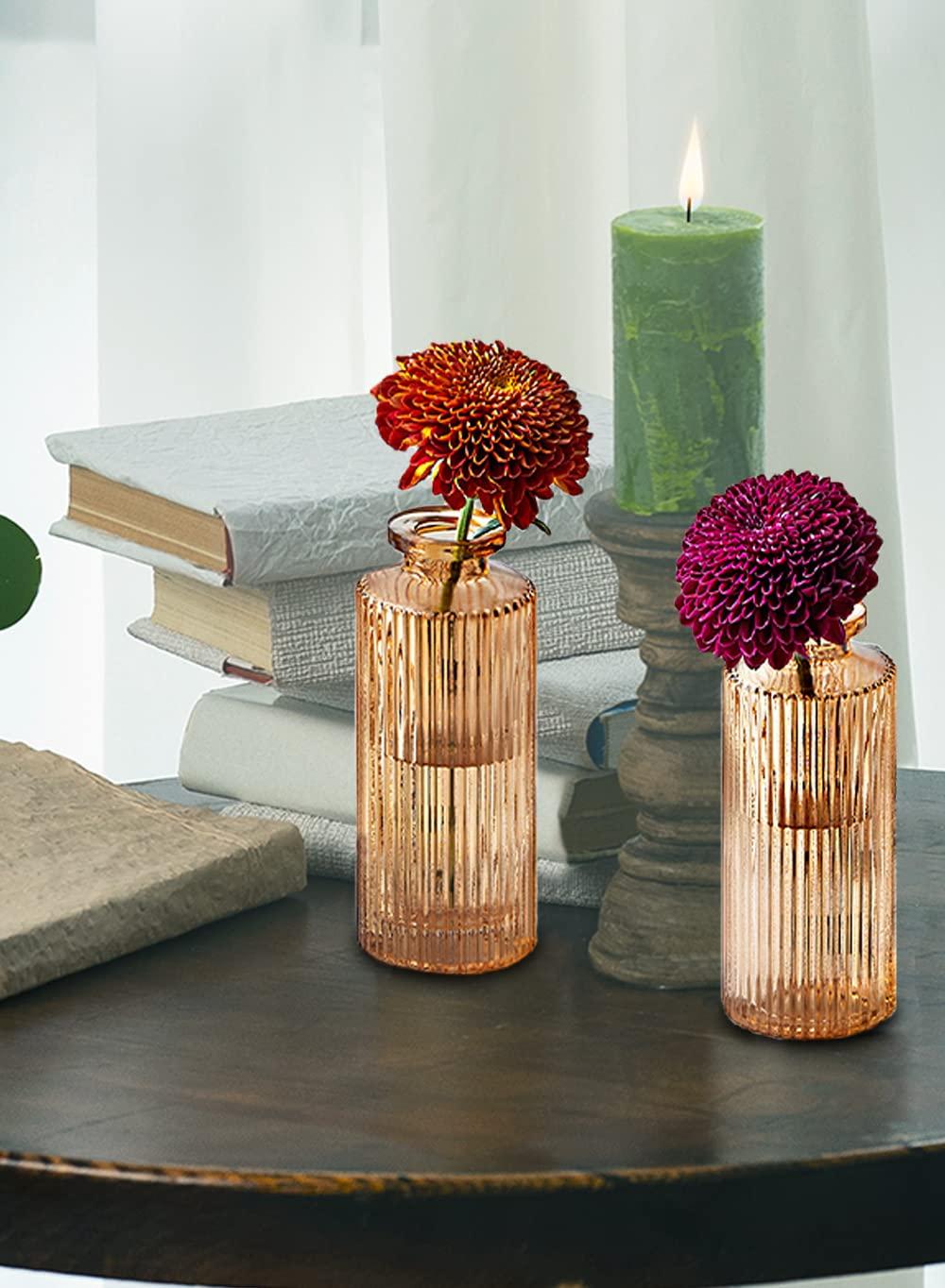 Serene Spaces Living Set of 4 Amber Pleated Bud Vase, Vases for Centerpieces for Home Decor, Events, Weddings, Parties, Measures 5.25" Tall and 2" Diameter