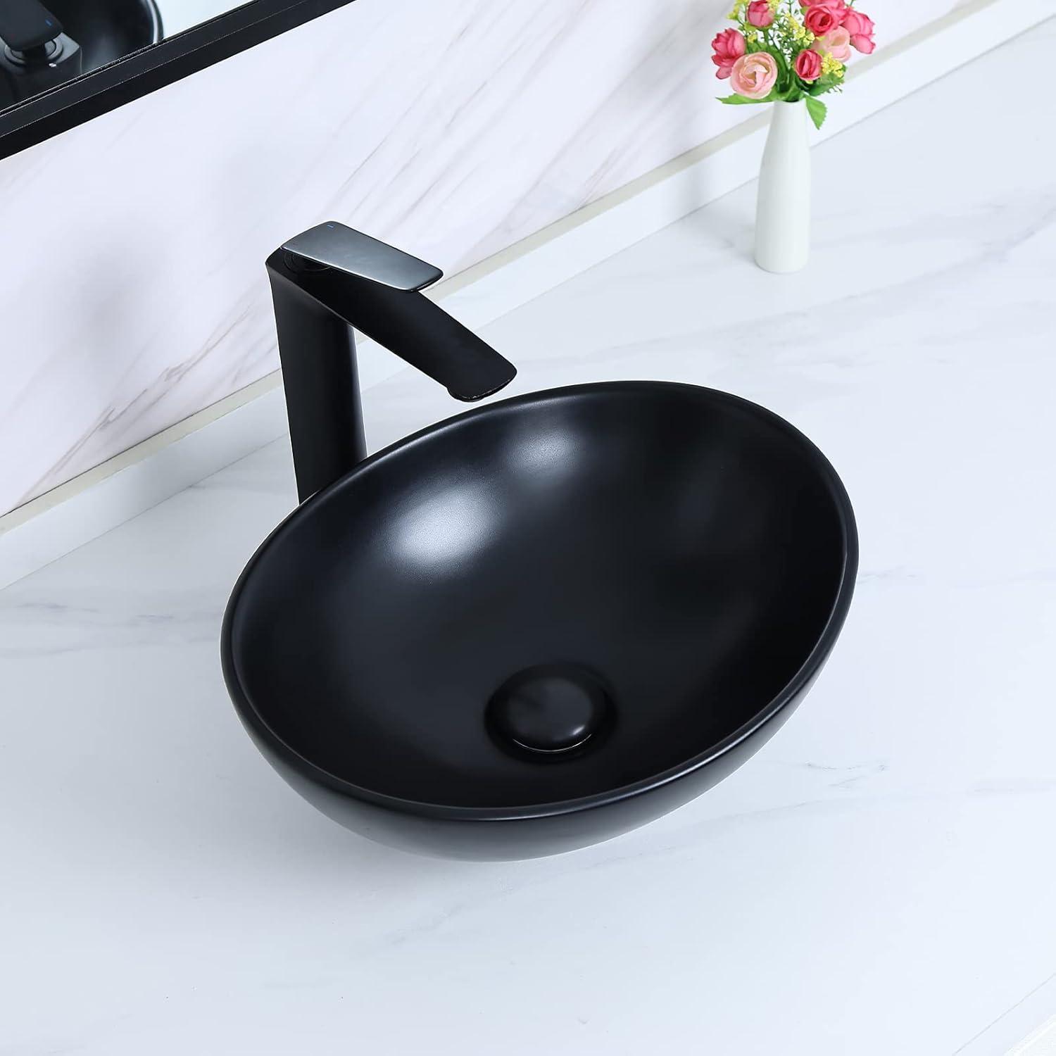 Matte Black Oval Ceramic Vessel Sink with Pop-Up Drain