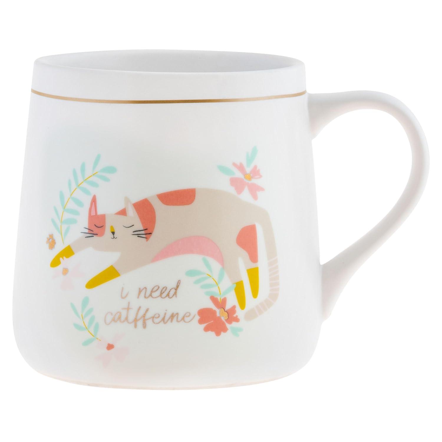 White Ceramic Cat Flora Mug, 18 oz