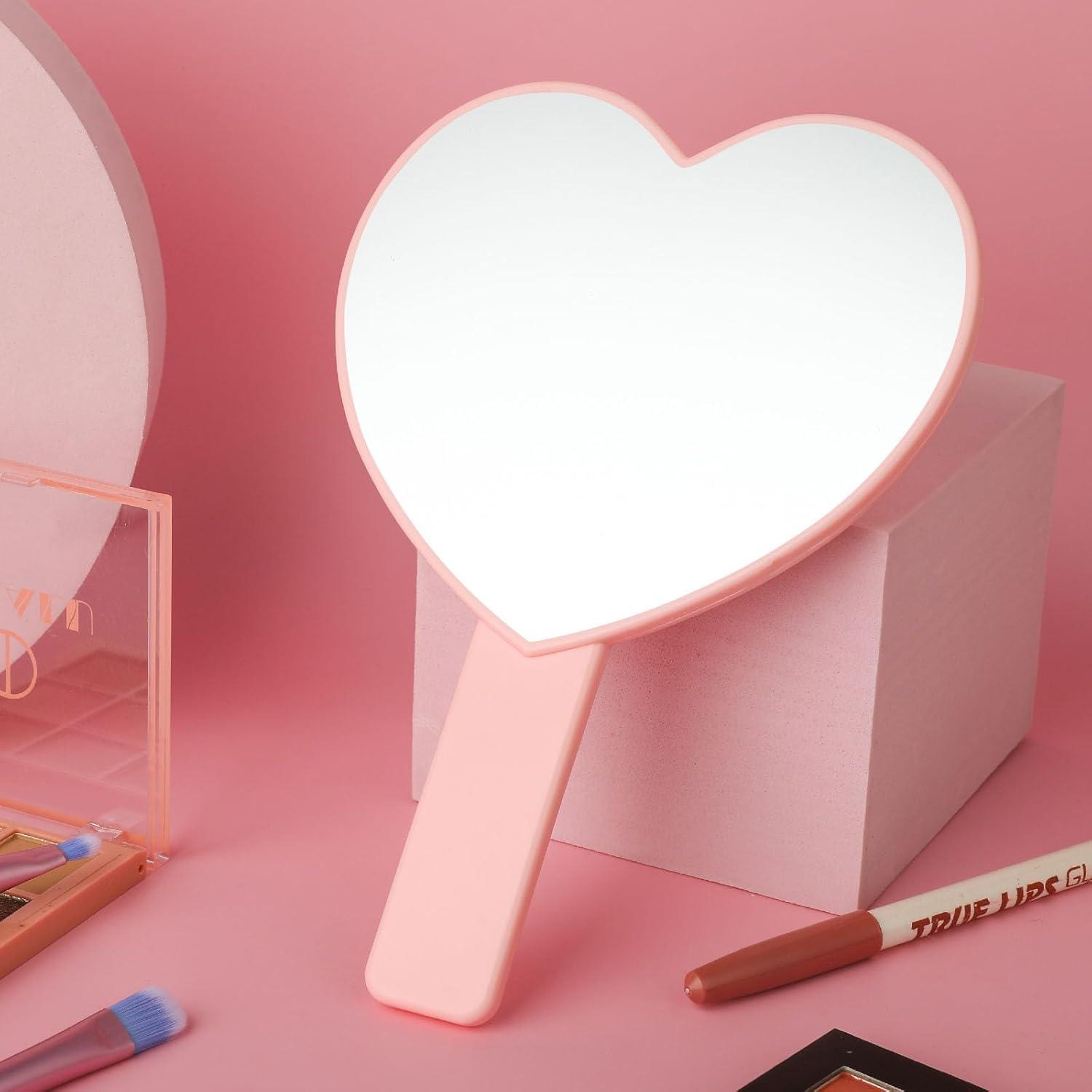 Heart-Shaped Travel Handheld Mirror, Cosmetic Hand Mirror with Handle Pink