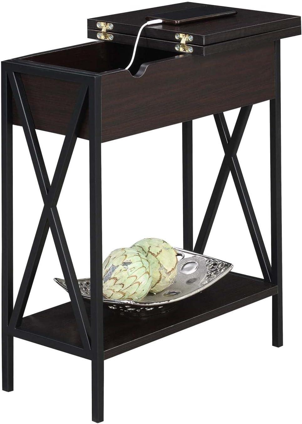 Convenience Concepts Tucson Flip Top End Table with Charging Station and Shelf, Espresso/Black