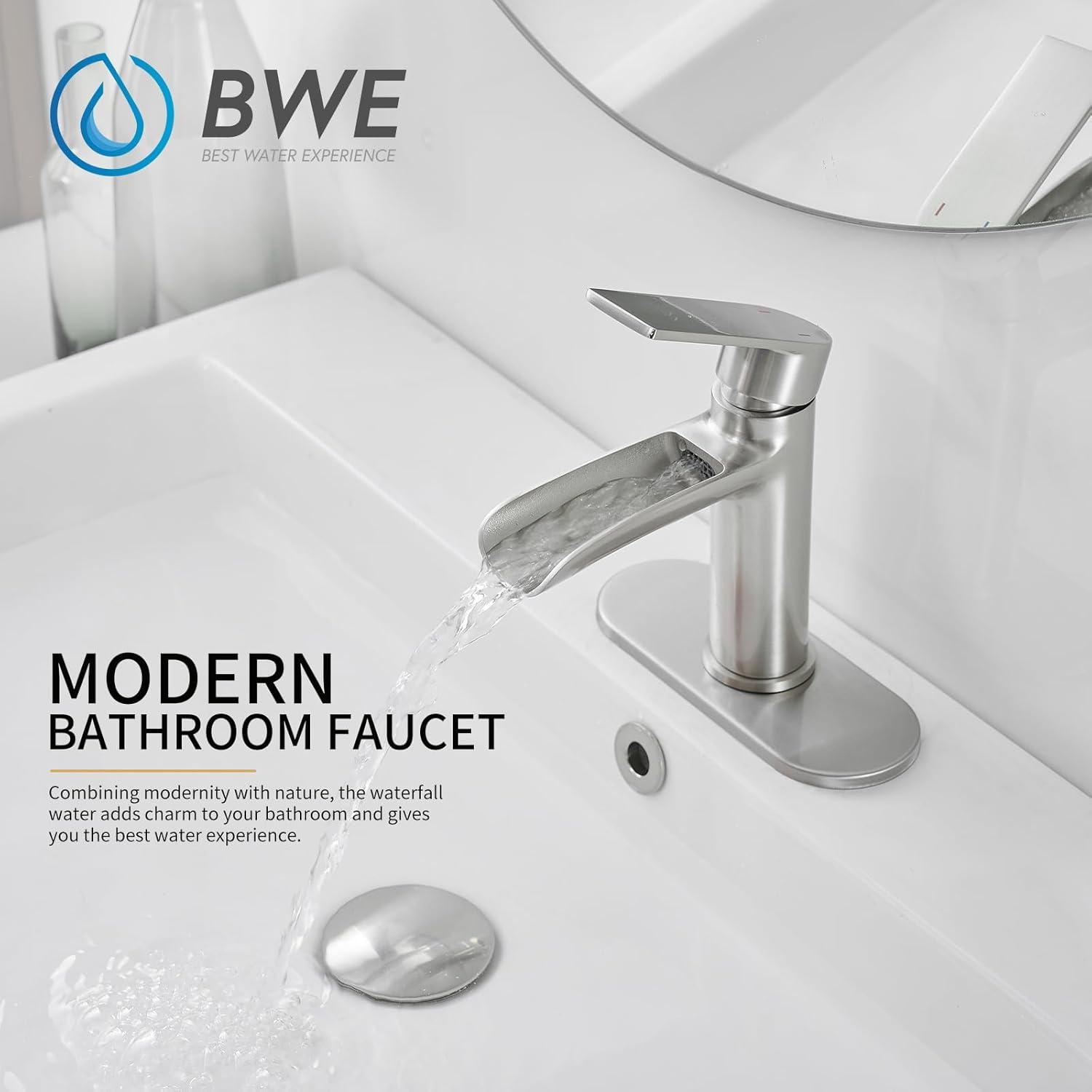 BWE Bathroom Faucets Waterfall Bathroom Faucet with Pop Up Drain for Bathroom Sink Single Hole Farmhouse RV Bathroom Basin Faucet Brushed Nickel
