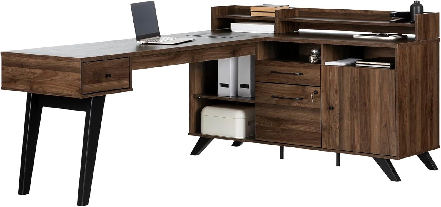 Natural Walnut L-Shaped Executive Desk with Hutch and Power Outlet