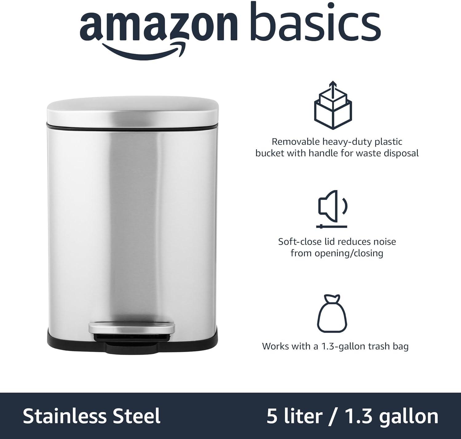 Brushed Stainless Steel Soft-Close Pedal Trash Can, 5L