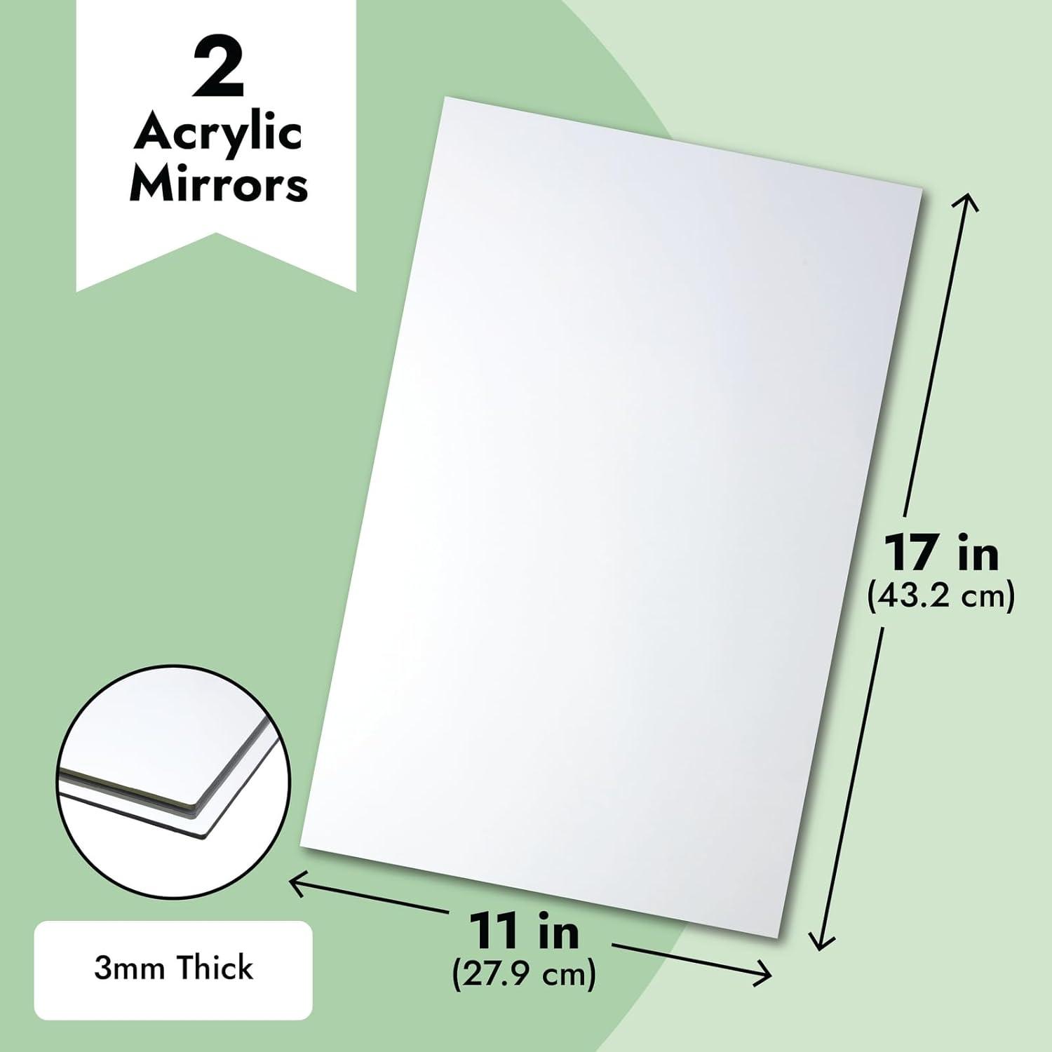 Bright Creations 2 Pack Acrylic Mirror Sheets for Wall Decor, 3mm 17x11" Shatter Resistant Frameless Tiles for Mounted Mirror, Bedroom, Home Gym, Bathroom, Kitchen, Door