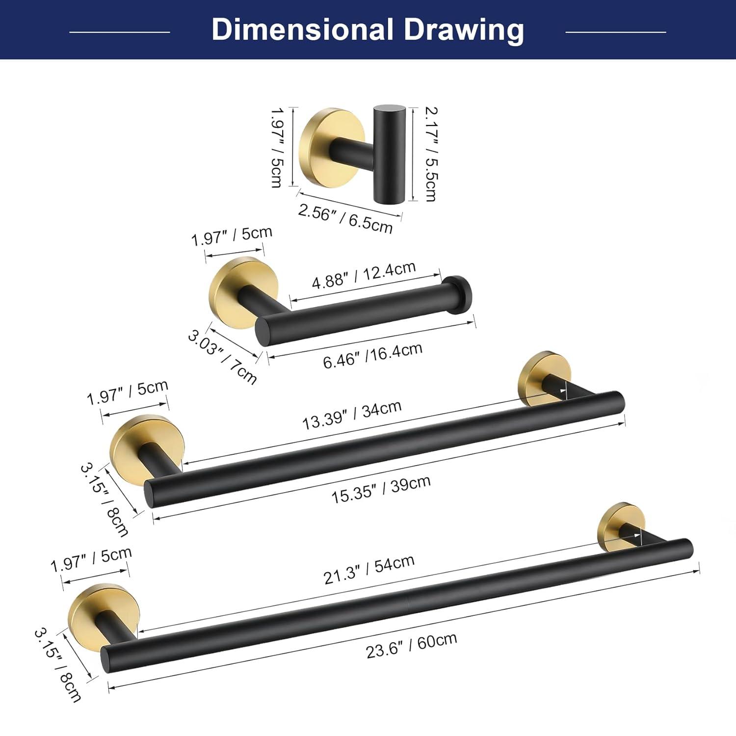 5 Pieces Black Gold Bathroom Hardware Set, 23.6 Inches Bathroom Towel Rack Set Bath Towel Bar Set, SUS304 Stainless Steel Bathroom Accessories Kit Wall Mounted