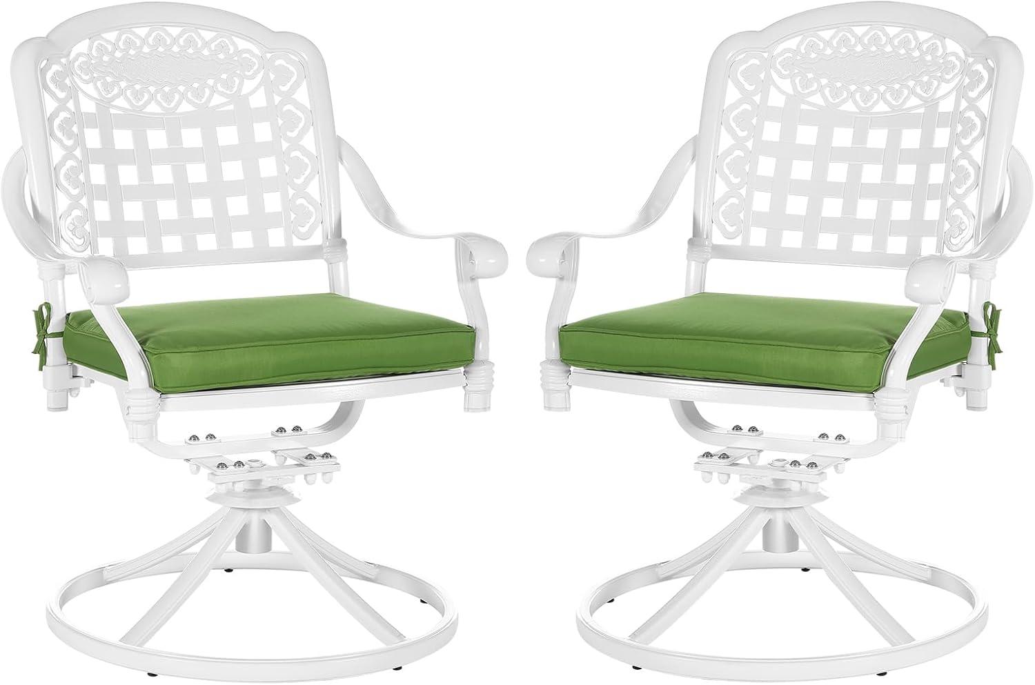 VIVIJASON Vivijason Patio Swivel Dining Chairs Set Of 2, All Weather Cast Aluminum Outdoor Dining Rocker Chairs, Patio Furniture Chair Set With Cushion For Balcony, Lawn, Garden, Backyard, White/green Cushion