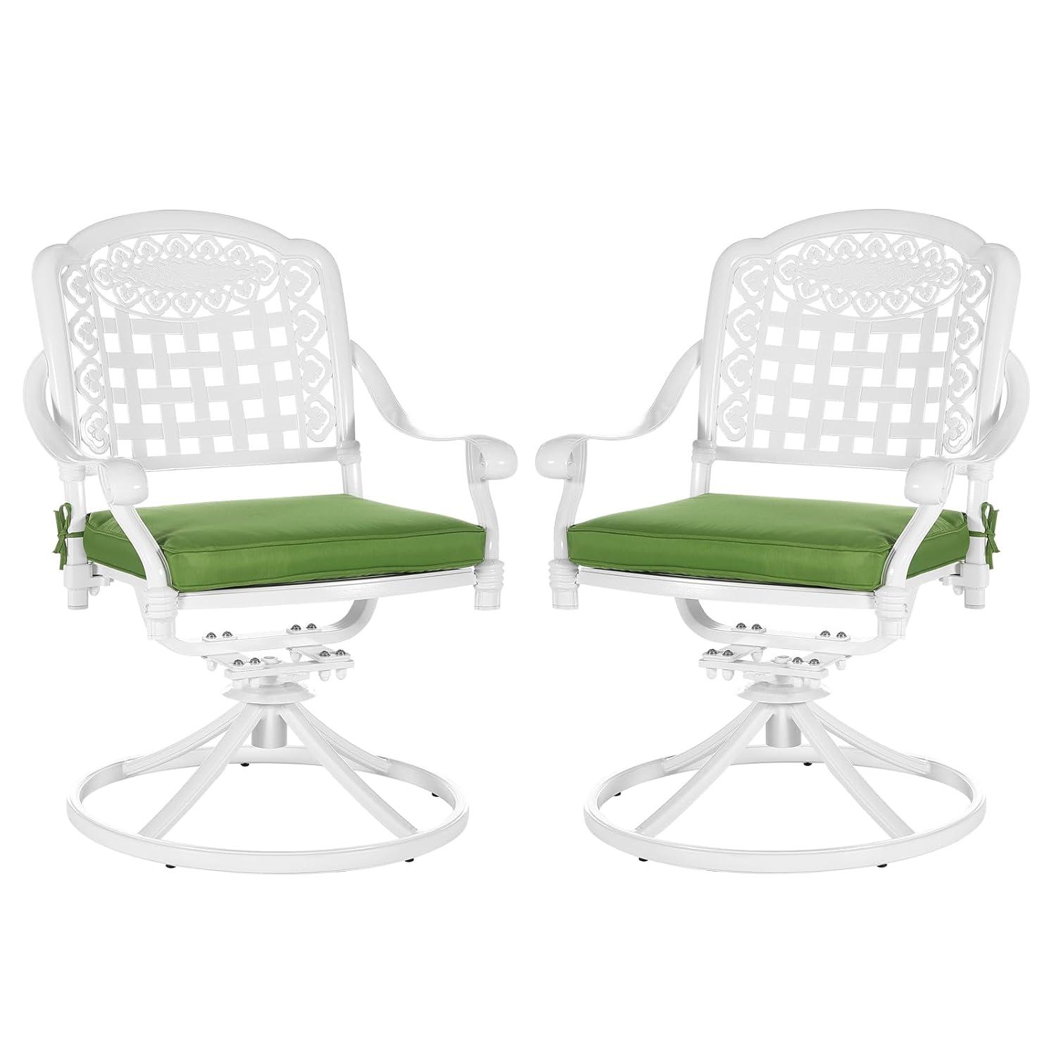 VIVIJASON Vivijason Patio Swivel Dining Chairs Set Of 2, All Weather Cast Aluminum Outdoor Dining Rocker Chairs, Patio Furniture Chair Set With Cushion For Balcony, Lawn, Garden, Backyard, White/green Cushion