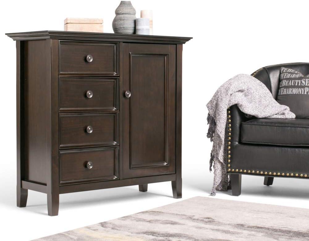 Simpli Home Amherst 32"W Solid Wood 2-Shelf Low Storage Cabinet with Adjustable Shelves and Tapered Legs