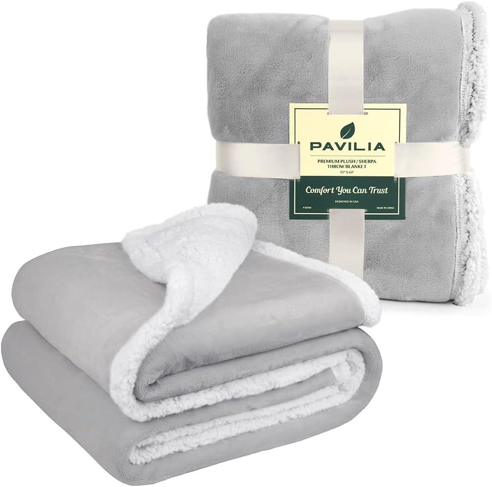 PAVILIA Premium Faux Shearling Fleece Throw Blanket for Bed, Reversible Warm Blanket for Couch Sofa, Light Gray/Throw - 50x60