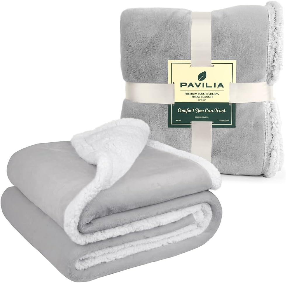 PAVILIA Premium Faux Shearling Fleece Throw Blanket for Bed, Reversible Warm Blanket for Couch Sofa