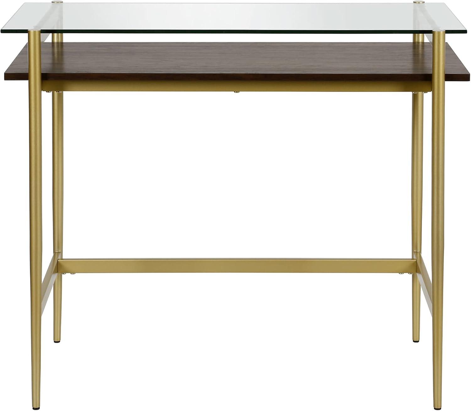 Eaton Mid-Century Brass Desk with Tempered Glass Top and Walnut Shelf