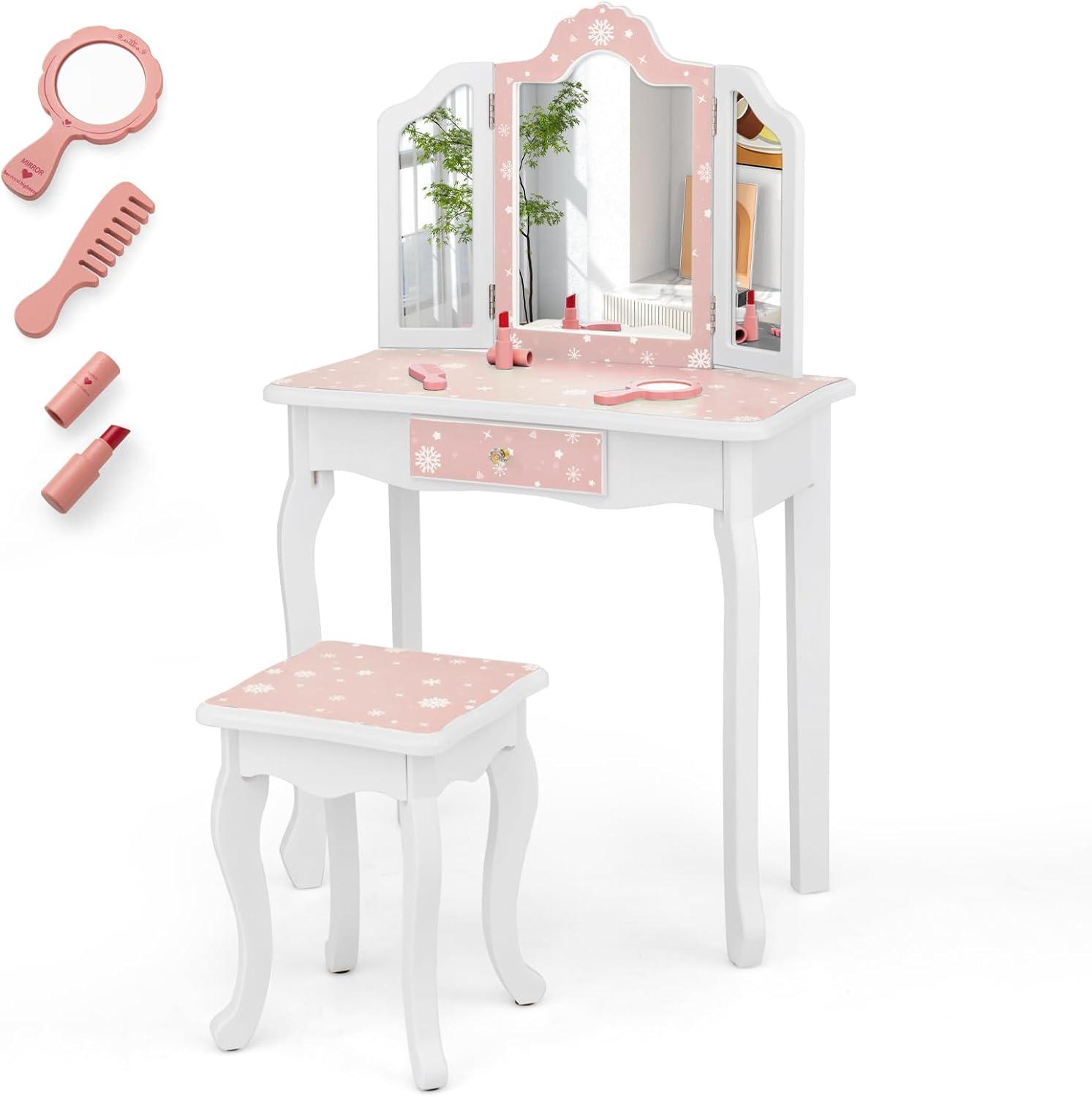 GVN Vanity Set,Toddler Vanity Set, Princess Pretend Play Makeup Table and Stool Set with Tri-folding Mirror-Pink